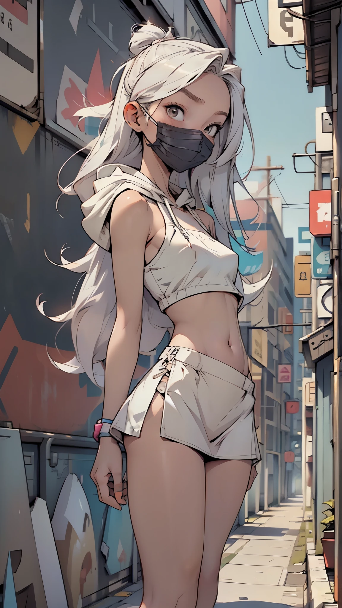 crop top, miniskirt, street, outdoors, , hoodie, mouth mask, long white hair, big ,((flat chested, flat stomach, baby face)), (intense colors)