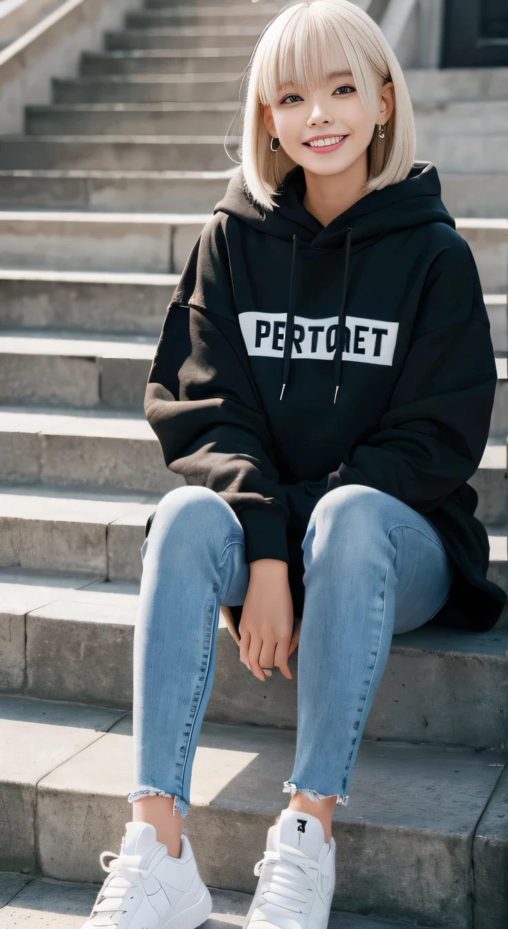 highest quality, Realistic, Very detailed, Finer details, High resolution, 8k wallpaper, One beautiful woman,Sit on the stairs、(Wear black socks)smile、(Beautiful teeth alignment、)(Gums are visible) Oversized hoodie, Skinny jeans,( Black sneakers)、Black Hair、 Beautiful Bangs、ear piercing、Perfect dynamic composition, Beautiful and detailed, Full Body Shot, A big smile