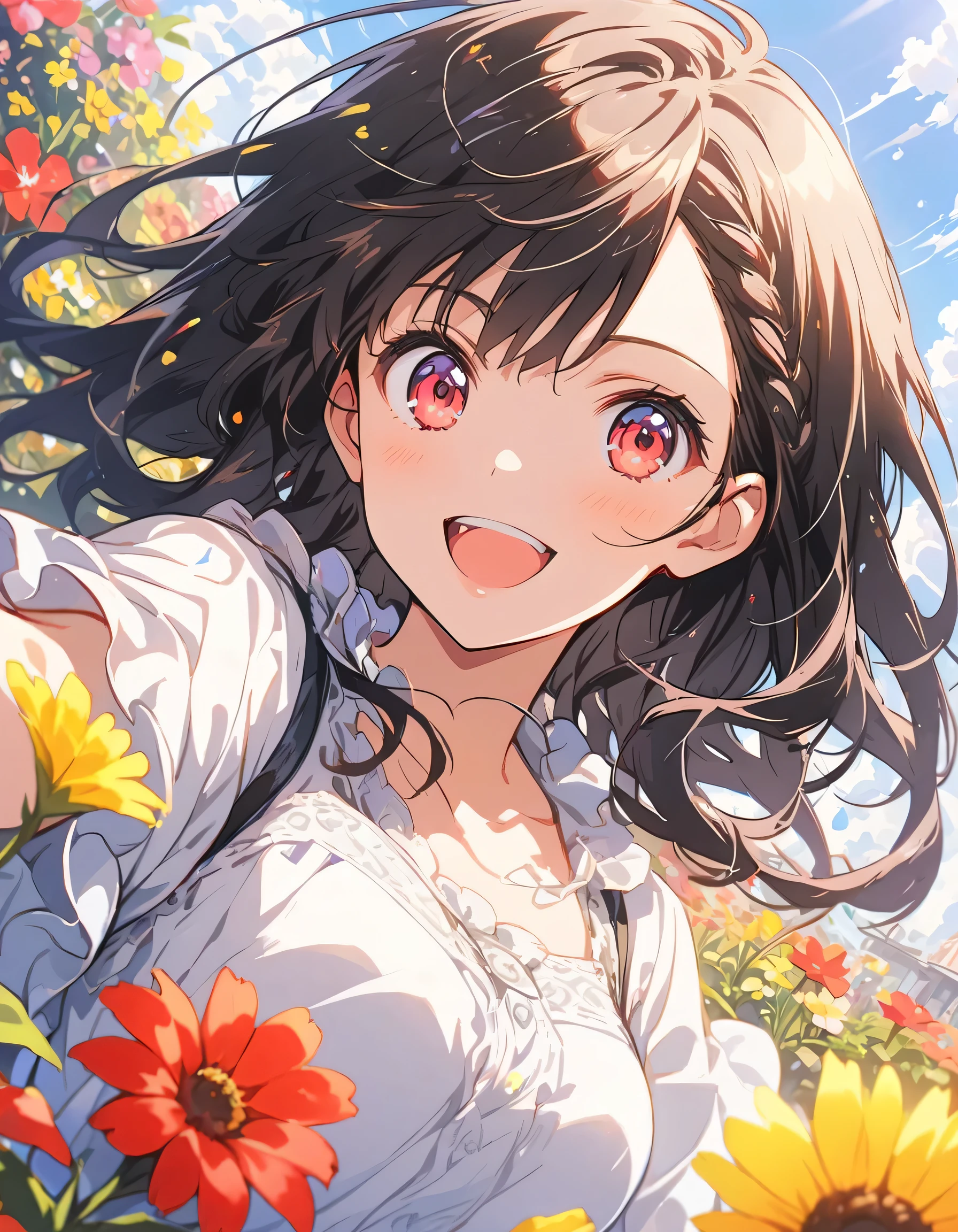 highest quality,, One girl, woman,(Smiling), Mid-chest, (bright), (western style garden), (Warm spring sunshine)、Braided bangs, (blouse:1.5), (I wore:0.8), nice, bloom, Floating Hair, (Dynamic pose:0.6) , Soft lighting, Flower Garden、(highest quality、masterpiece、High resolution、detailed)、anime style、Flat Style、(Shine eyes、Beautiful Face),  BREAK,1 girl、floating, (High saturation),  (Shine), Focus on the face,extremely detailed、Dynamic Angle、anime 