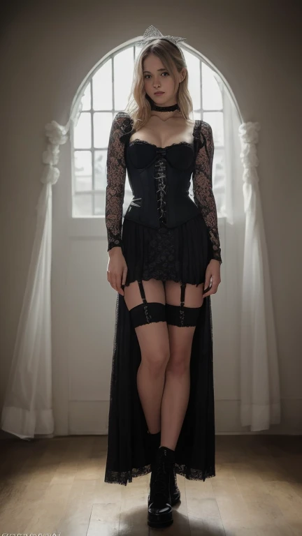 Ulzzang-6500-v1.1, (RAWphotograph:1.2), (Photorealistic), ,(RAWphotograph:1.2), (Realistic:1.4), (Genuine: 1.4), (Pieces fly), (Blonde woman), ((black lace skirt:1.4)), Wearing a black lace punk corset long dress, black victorian dress, Glamorous goth dress, Gothic Dress, wearing a Gothic Dress, vintage gothic gown, Intricate Victorian dresses, dark Gothic Dress, Black Gothic Lolita Dress, fantasy long intricate dress, Wearing an elaborate steampunk dress, victorian style clothing, Wing Black Racewear, Gothic Clothing, Gothic Clothing, ブレードウィングレースウェアモデルphotographスタイル, (Highly detailed CG 8k wallpaper unit), 世界で最も美しい芸術photograph, A magnificent professional (photograph：Steve McCurry), 8K Ultra HD, Digital single-lens reflex camera, Soft lighting, high quality, Film Grain, Fujifilm XT3 Sharp focus, F5.6, Attention to detail, Sharp focus, dramatic, (Wearing a punk corset dress), (Looking at the audience:1.2),  (Natural light), (attractive), (Full Body Shot:1.5)