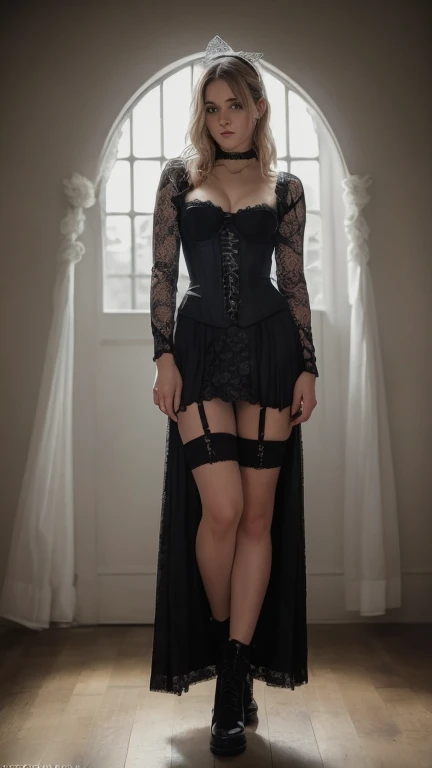 Ulzzang-6500-v1.1, (RAWphotograph:1.2), (Photorealistic), ,(RAWphotograph:1.2), (Realistic:1.4), (Genuine: 1.4), (Pieces fly), (Blonde woman), ((black lace skirt:1.4)), Wearing a black lace punk corset long dress, black victorian dress, Glamorous goth dress, Gothic Dress, wearing a Gothic Dress, vintage gothic gown, Intricate Victorian dresses, dark Gothic Dress, Black Gothic Lolita Dress, fantasy long intricate dress, Wearing an elaborate steampunk dress, victorian style clothing, Wing Black Racewear, Gothic Clothing, Gothic Clothing, ブレードウィングレースウェアモデルphotographスタイル, (Highly detailed CG 8k wallpaper unit), 世界で最も美しい芸術photograph, A magnificent professional (photograph:Steve McCurry), 8K Ultra HD, Digital single-lens reflex camera, Soft lighting, high quality, Film Grain, Fujifilm XT3 Sharp focus, F5.6, Attention to detail, Sharp focus, dramatic, (Wearing a punk corset dress), (Looking at the audience:1.2), (Natural light), (attractive), (Full Body Shot:1.5)