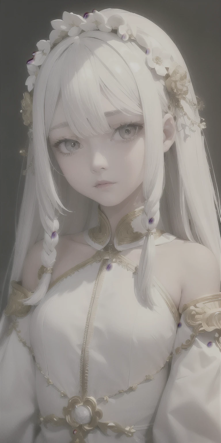 best quality, masterpiece,white hair, gold eyes,white clothes, looking up, upper body,hair strand,Fair skin,side braids