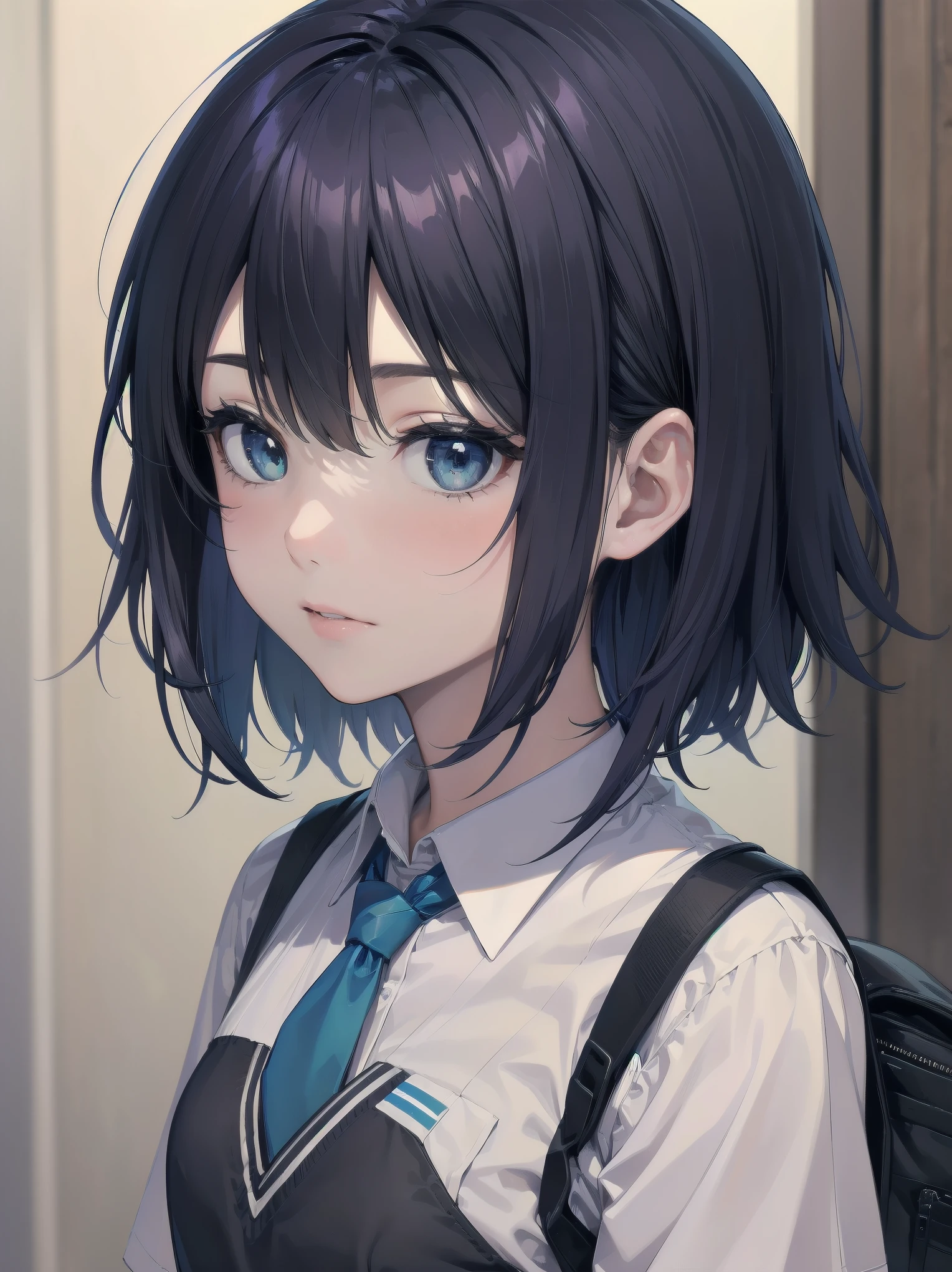 Masterpiece, top quality, super detailed, 16k, One girl, spring, high school, warm colors, school bag, accurate and highly detailed background, flock of schoolgirls in uniforms of various body shapes and hairstyles, cute. Blake. akane kurokawa, 1girl, short hair, blue hair, green eyes, black hair, medium hair, white shirt, collared shirt, , vest, white shirt, sweater vest, black vest, blue necktie, one-length bob, create bangs, add some lightness to the area around the face, and leave the ends of the hair thick throughout. dark blue-purple hair, blue eyes
