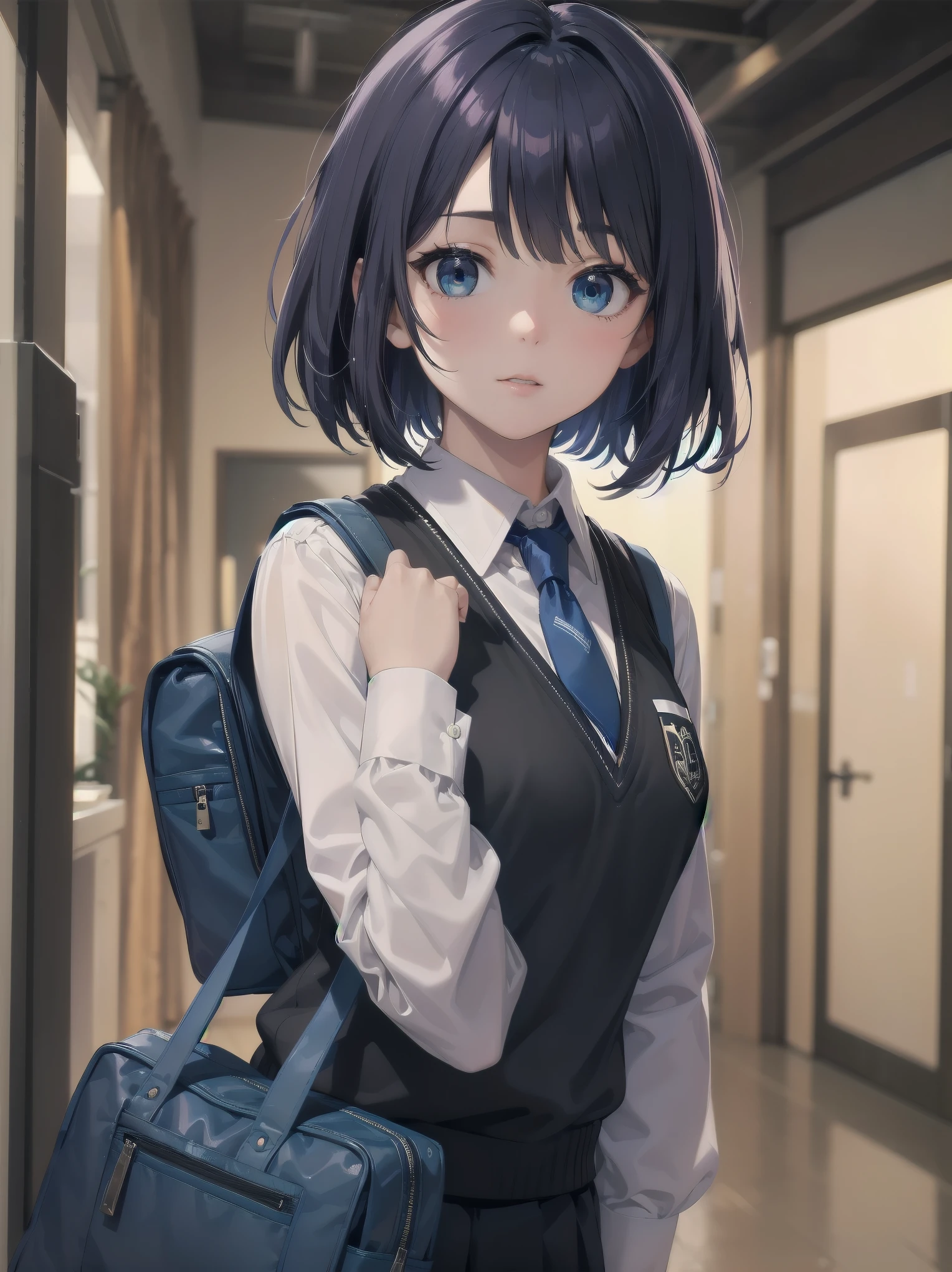 Masterpiece, top quality, super detailed, 16k, One girl, spring, high school, warm colors, school bag, accurate and highly detailed background, flock of schoolgirls in uniforms of various body shapes and hairstyles, cute. Blake. akane kurokawa, 1girl, short hair, blue hair, green eyes, black hair, medium hair, white shirt, collared shirt, , vest, white shirt, sweater vest, black vest, blue necktie, one-length bob, create bangs, add some lightness to the area around the face, and leave the ends of the hair thick throughout. dark blue-purple hair, blue eyes
