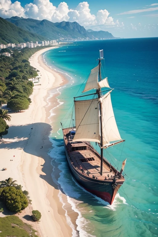 there is a boat that is in the water near a grassy area, a portrait by Nándor Katona, instagram, belas artes, navio pirata ao fundo, shot from 50 feet away, Visualizar, pirate scene, From a distance, Visualizar From a distance, paradise in the background, tirada no iphone 14 pro, Description, baleado From a distance