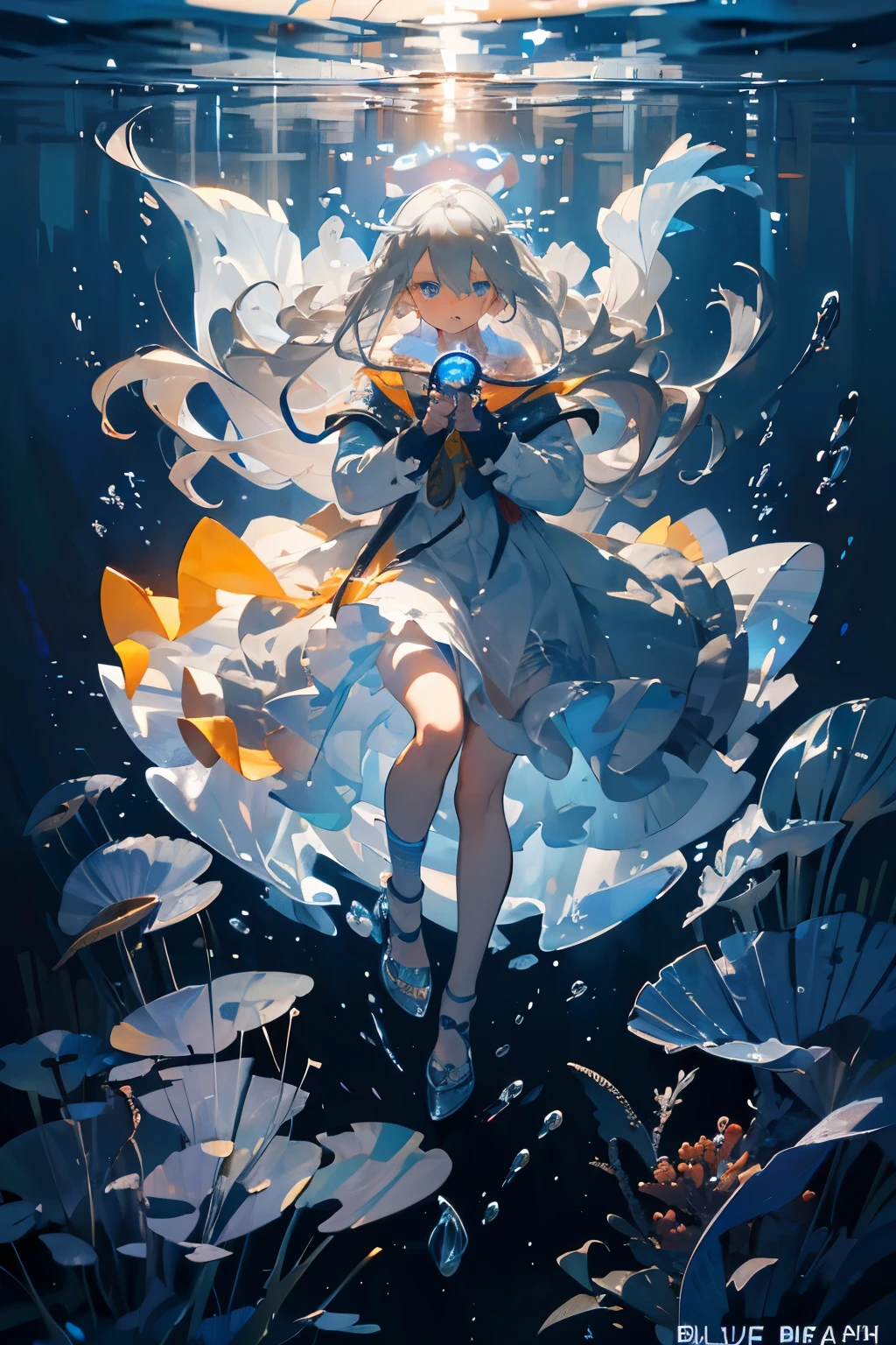 (muste piece), (best quality), very detailed, 1 girl, solo full body shot, perfect face, beautiful girl, very detailed顔,(long gray hair:1.5),(blue eyes:1.4),(Floating hair:1.4),(in water:1.4),sink,school of fish,Light,jellyfish,seaweed,Red fish,Yellow fish,deep sea,fantasy