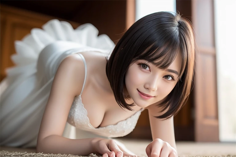 (highest quality:1.5)、(Realistic:1.5)、(1 person:1.5)、(On all fours:1.2)、(Crawling posture)、Very detailed、High resolution、8k wallpaper、、Small breasts、Natural color lips、Cute Smile、Japanese women、20-year-old girl、Beautiful and elegant face、Perfect and beautiful face、Big eyes、Brunette's eyes、Beautiful and elegant face、Perfect and beautiful double eyelids、Natural Bangs、Beautiful thin nose、Beautiful Skin、chestnut brown hair、Medium Bob Hair、Shortcuts、Natural Bangs、Perfect and beautiful face、Slim face and figure、(Looking at the camera with a bright smile)、Bright lighting、Professional Lighting、Forward lighting、Natural smile、church、princess-Line wedding dress、tiara、Beautiful cleavage、