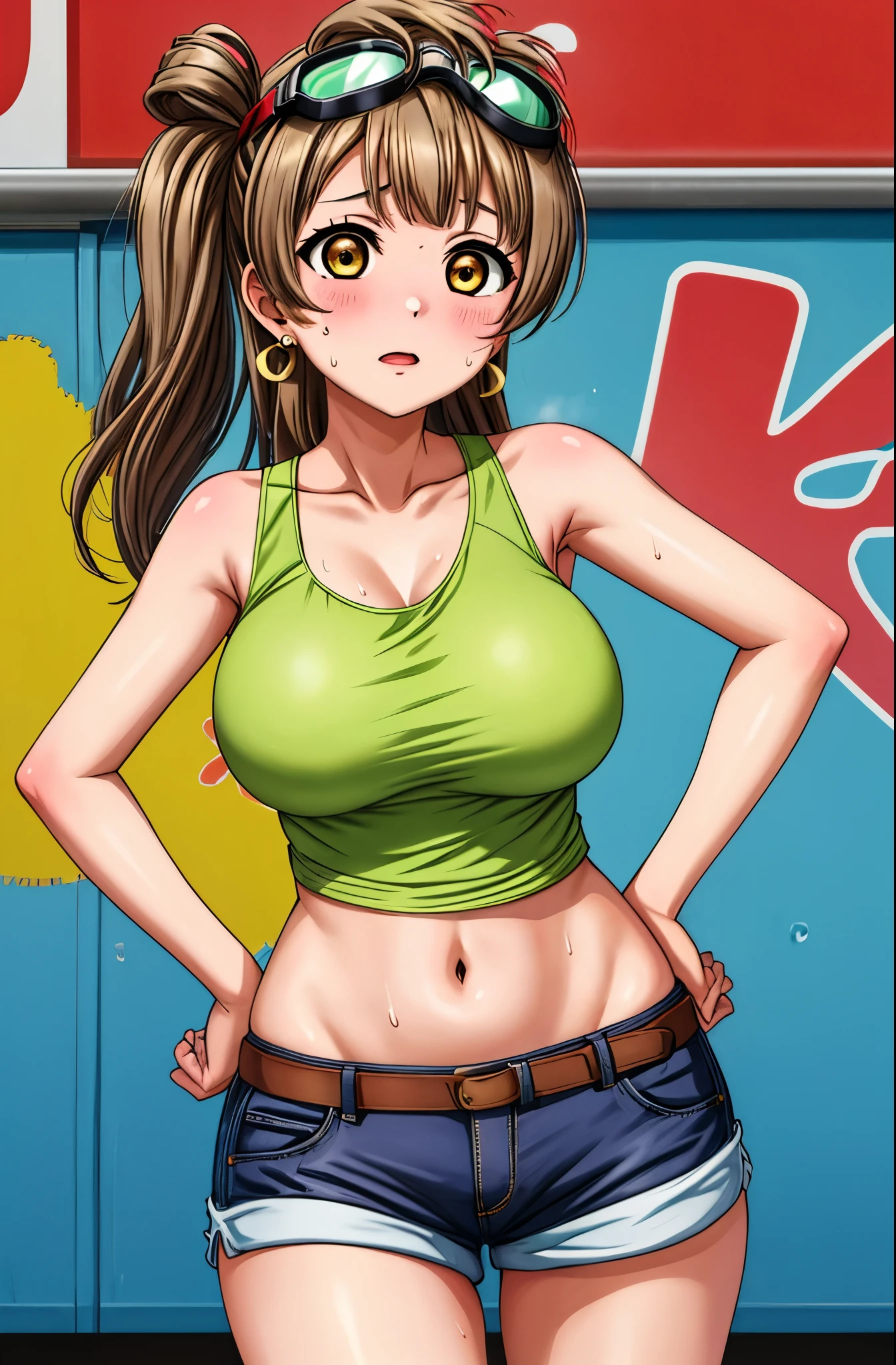 Masterpiece, best quality,solo, (cowboy shot), minami kotori, big breasts, wide hips,hand on hip,  white tank top, brown short shorts,goggles on head, ,earrings, fortune , slightly exposed midriff ,sweaty 