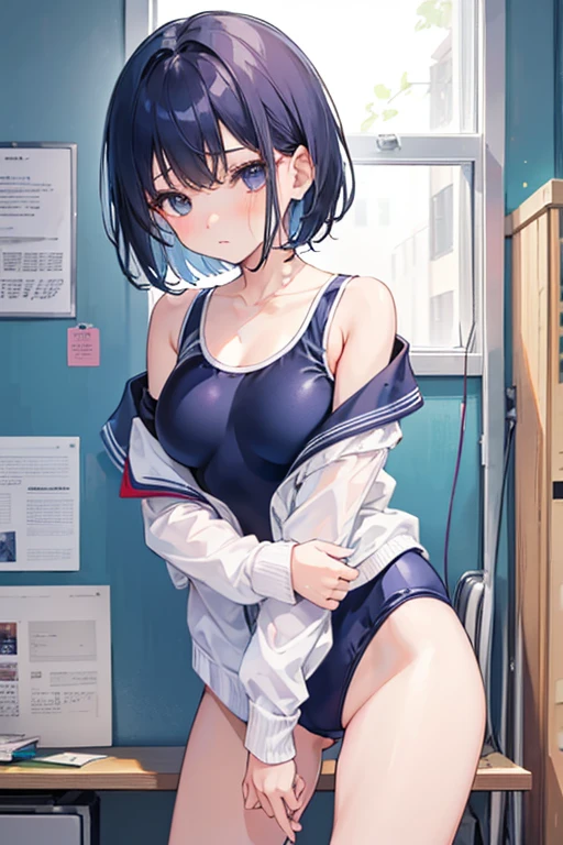 (15 years old,girl)---,school swimsuit girl,  navy short hair,humble bust,Wear a white shirt over a swimsuit,best quality,masterpiece,ultra-detailed,