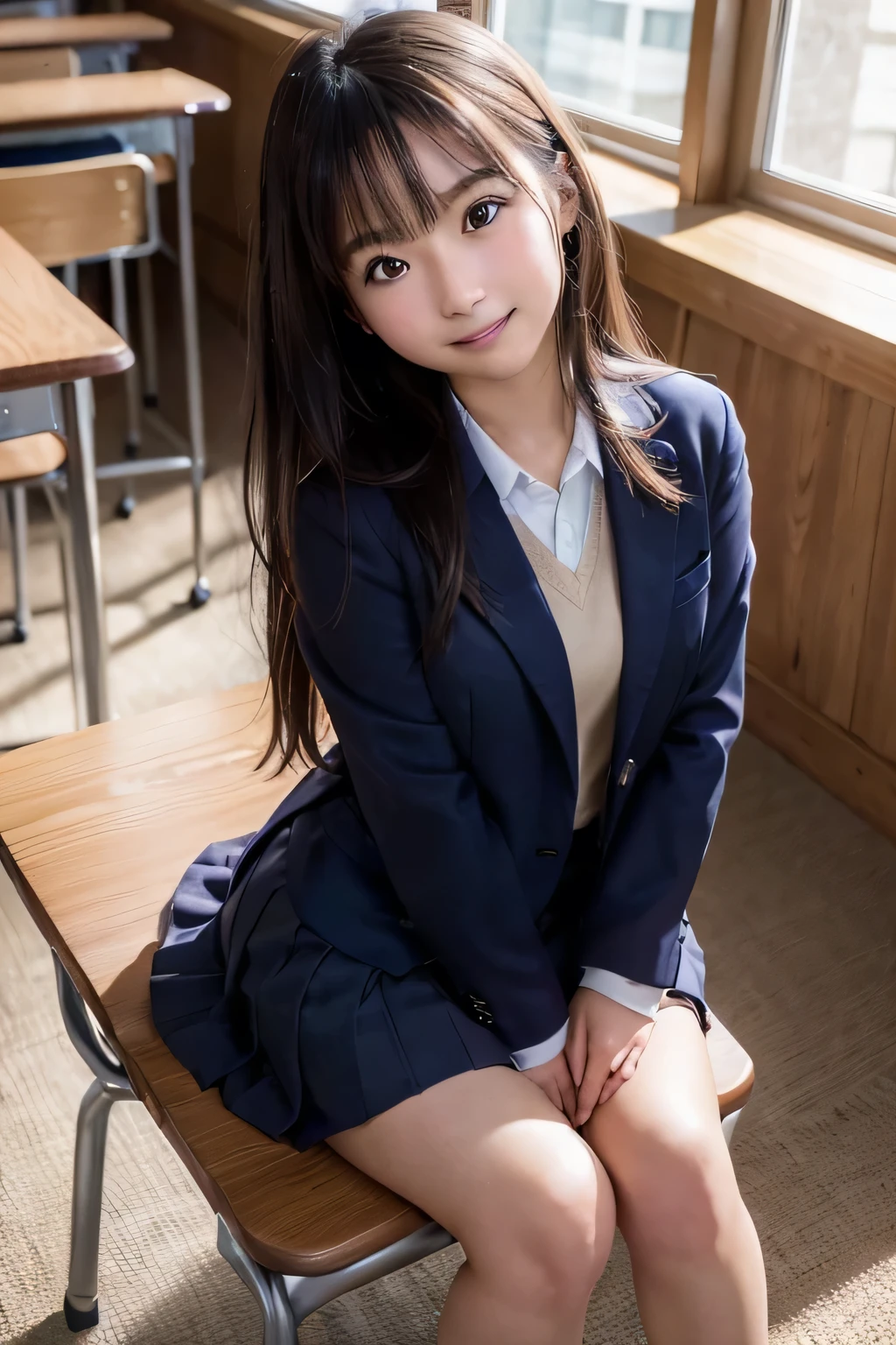 best quality, facial focus, soft light, (depth of field), ultra high res, (photorealistic: 1.4), RAW photo, (upper knees: 1.4), (sideways) 1Japanese girl, solo, handsome, (shy, smile: 1.1), (brown eyes), detailed beautiful face, (long hair), High school classroom, (seated chair), (school uniform: 1.4, navy skirt, navy Blazer)