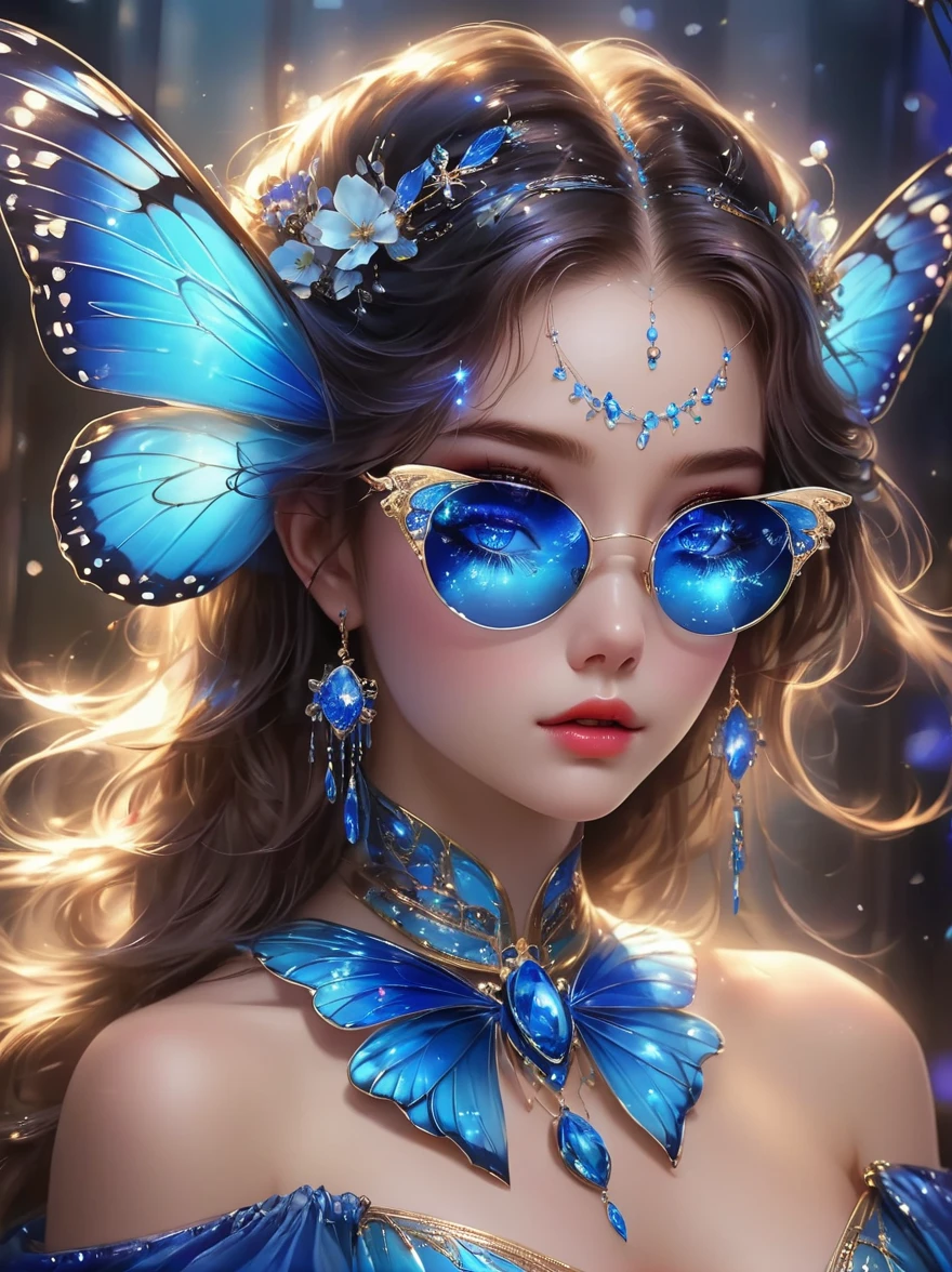 An absolutely fantastic scene，One blue，Hot and energetic，With blue、Dark blue and purple shades，The eyes shone with determination。It dances in the air，The wings sway rhythmically around the polished metal poles，The pole stands alone in a dimly lit，In the lively club，Please note，The blue butterfly symbolizes beauty and enchantmen dance echoes its struggles and triumphs，All of this is captured in this mesmerizing scene