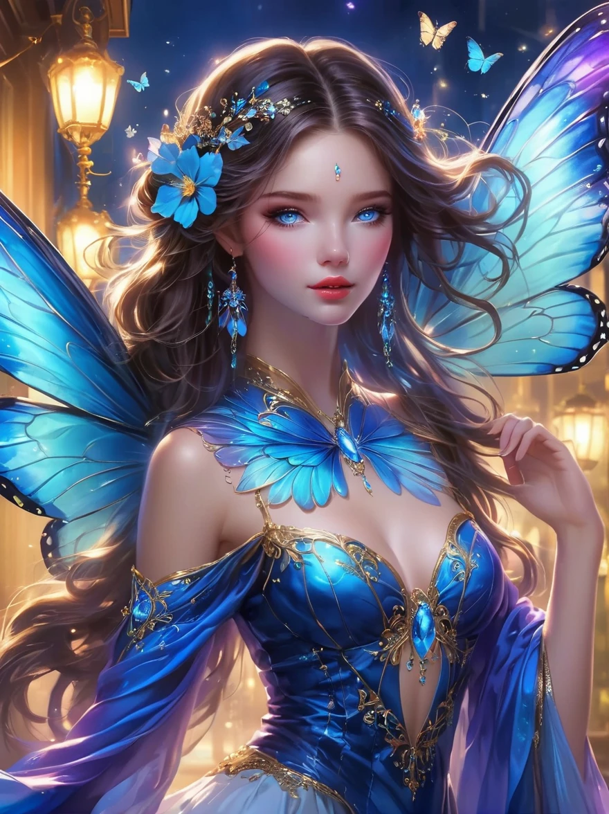 An absolutely fantastic scene，One blue，Hot and energetic，With blue、Dark blue and purple shades，The eyes shone with determination。It dances in the air，The wings sway rhythmically around the polished metal poles，The pole stands alone in a dimly lit，In the lively club，Please note，The blue butterfly symbolizes beauty and enchantmen dance echoes its struggles and triumphs，All of this is captured in this mesmerizing scene