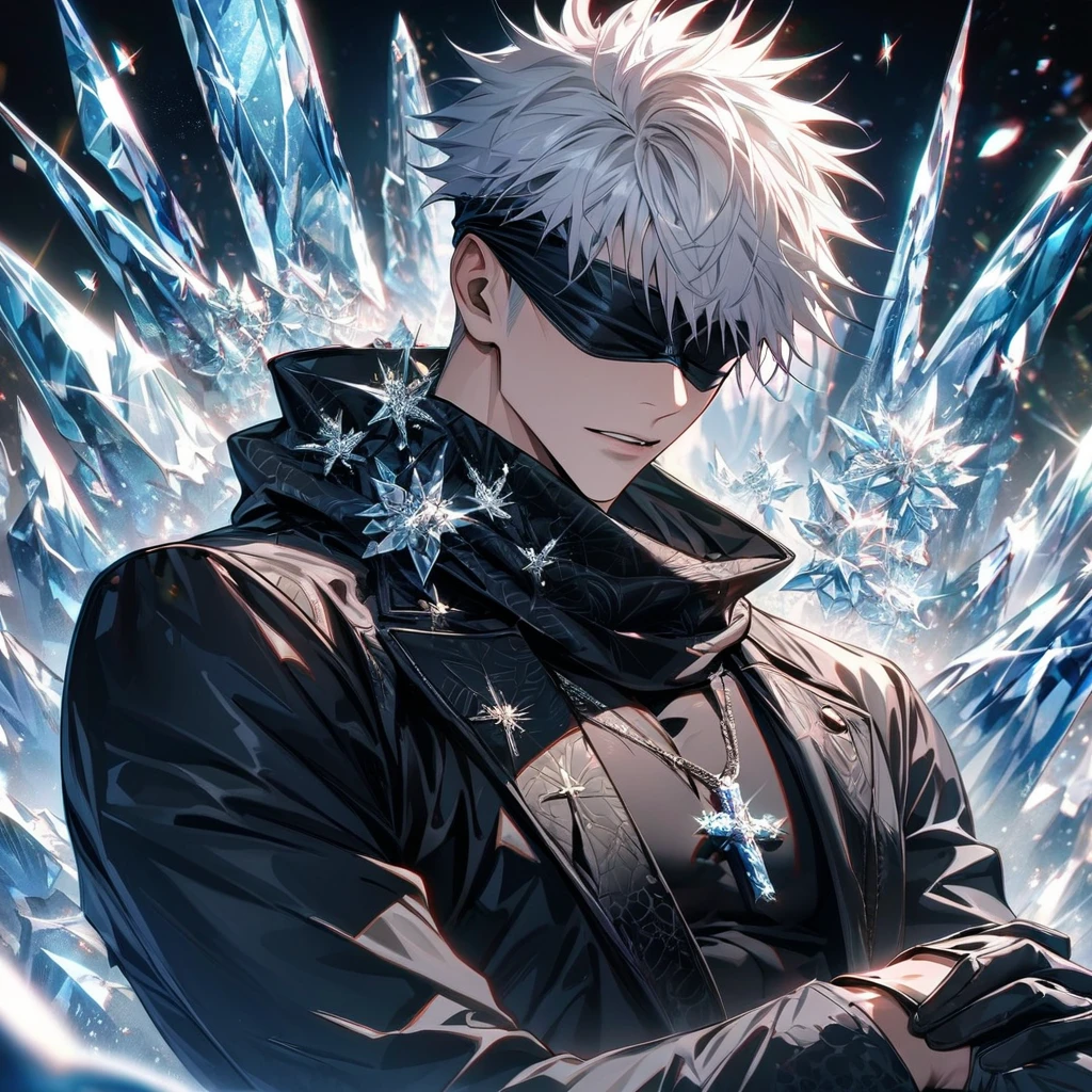 Ultra detailed, Highres, HDR, absurdres, master piece, Gojou Satoru, white hair, blindfolded eyes, black scarf, black leather long coat with patterns, black tight shirt, sexy man, extremely handsome, solo, extremely detailed face, Jujutsu Kaisen, cross silver necklace, black gloves, glittering ice, ice glittering butterflies, ice flowers,
