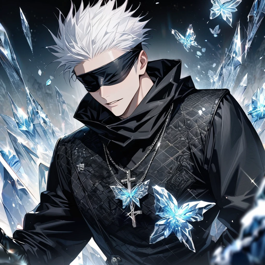 Ultra detailed, Highres, HDR, absurdres, master piece, Gojou Satoru, white hair, blindfolded eyes, black scarf, black leather long coat with patterns, black tight shirt, sexy man, extremely handsome, solo, extremely detailed face, Jujutsu Kaisen, cross silver necklace, black gloves, glittering ice, ice glittering butterflies, ice flowers,