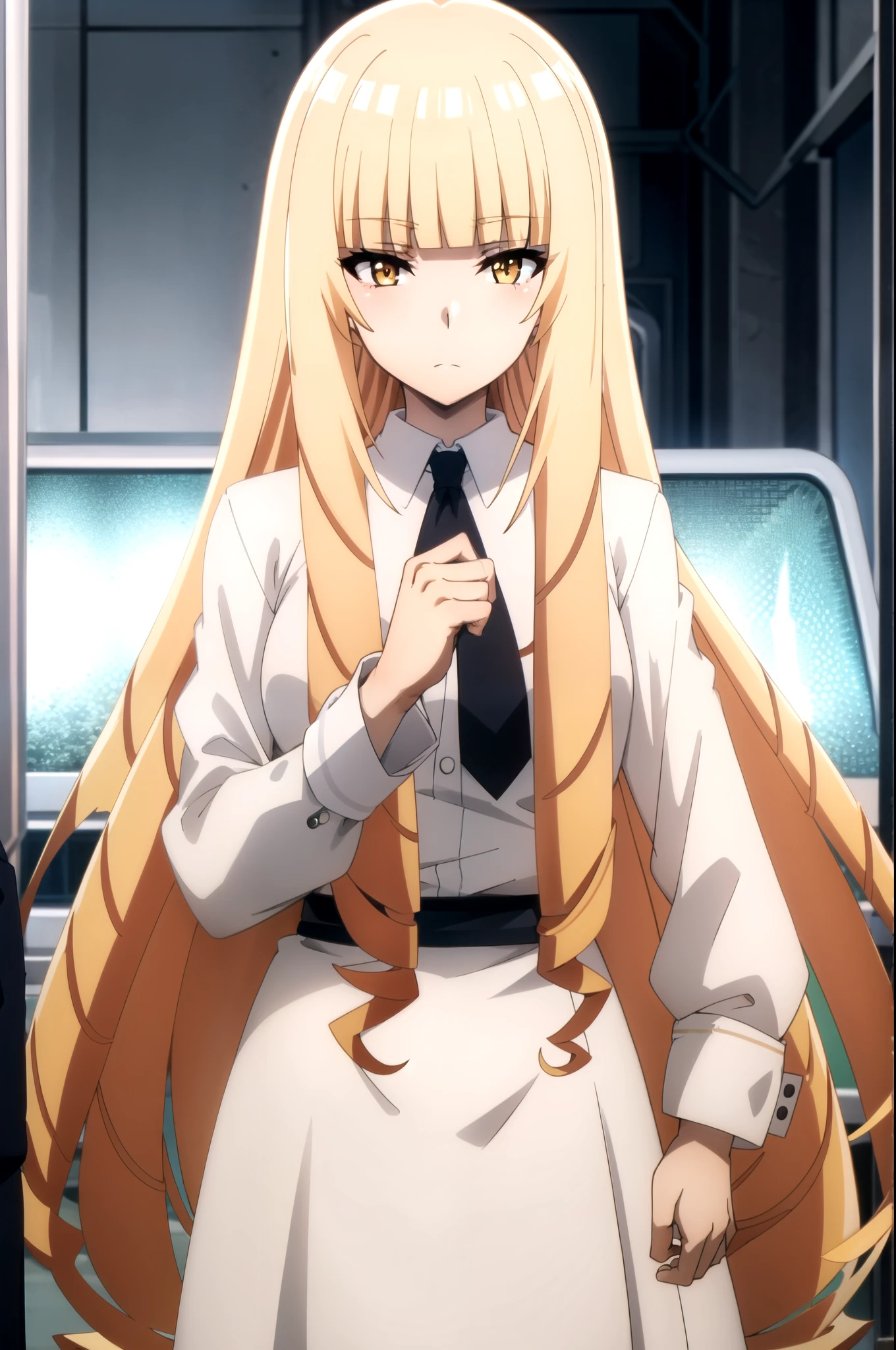 tall body, tall, long legs, mature female, mature, adult, simple background eft_eminence_princess, 1girl, solo, blonde hair, long hair, looking at viewer, yellow eyes, necktie, bangs, blunt bangs, upper body, closed mouth, uniform, dress, shirt, jacket, anime coloring, white shirt, skirt
