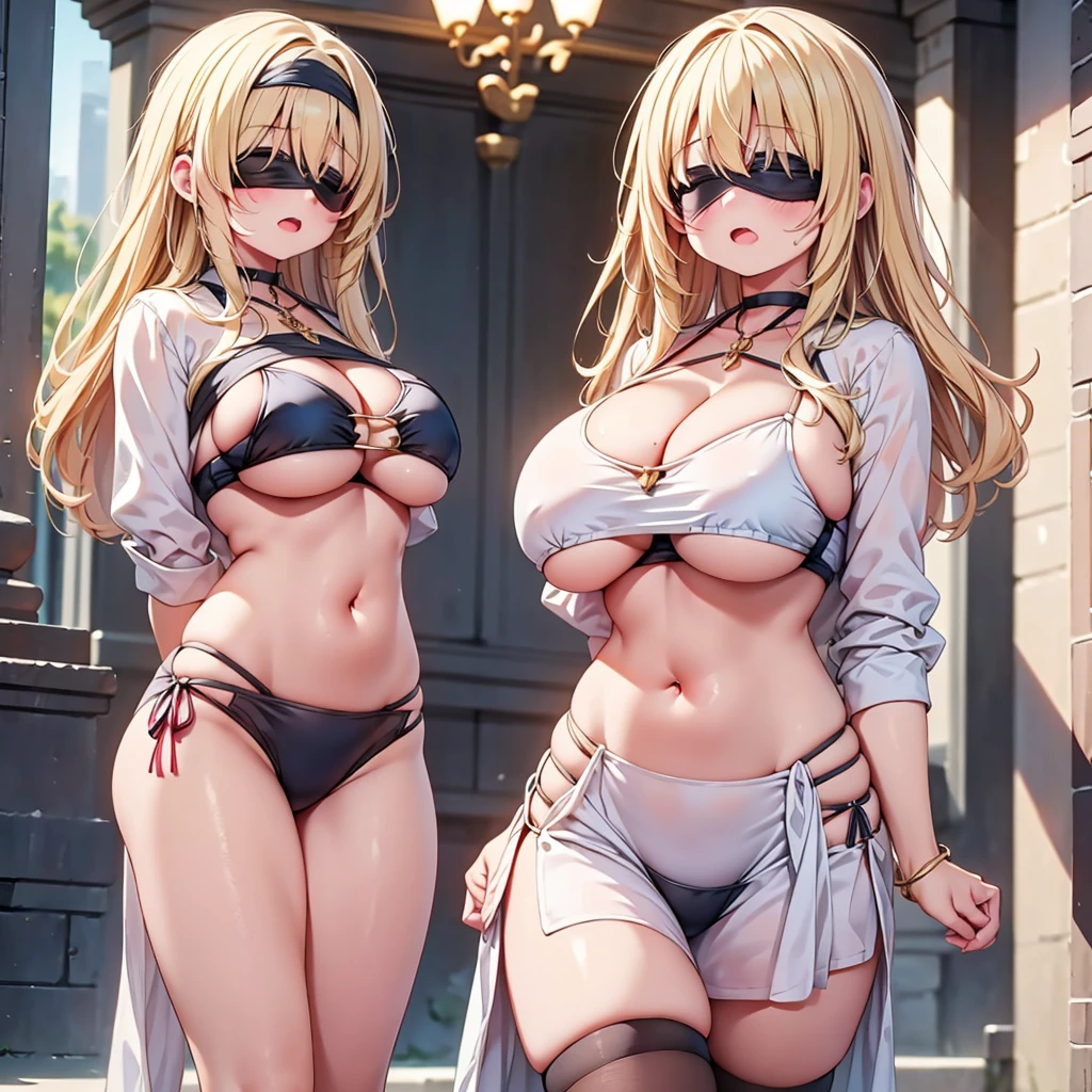 highest quality,wonderful,finely,extremely detailed CG Unity 8K wallpaper, (Stand in line:1.2), (3 girls, blonde, clothed), (huge breasts:1.2),  (cleavage cutout:1.6), (Underboob:1.6), (crop top navel:1.6), (open mouth:1.1), (long tongue:1.1), (mouth drool:1.1), (black stockings:1.1),(Thighs:1.2),(Waistline:1.2),(black blindfold, blindfold:1.5)