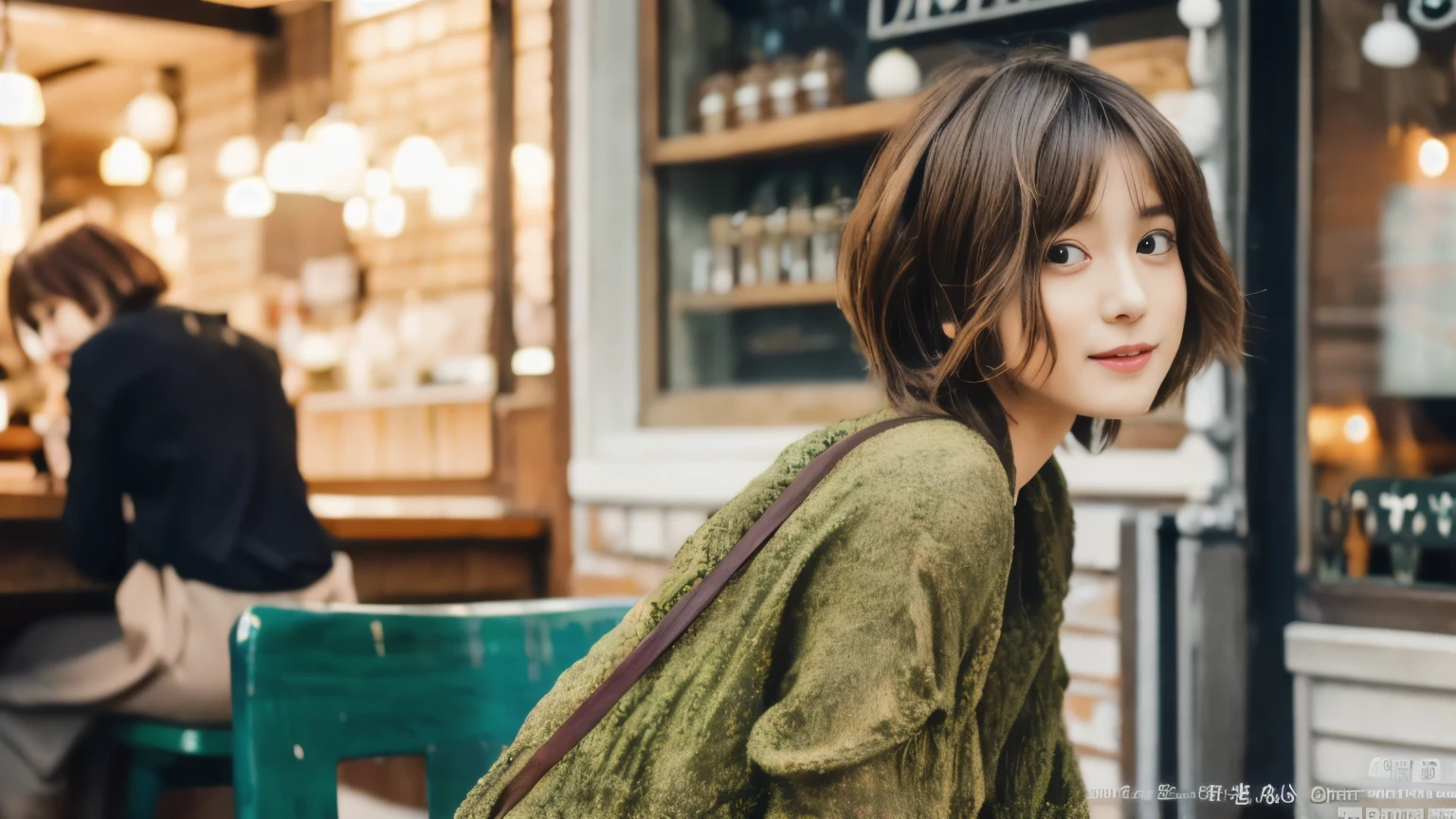 super high quality, Fashion Model, short hair, thin, (8k、RAW Photos、highest quality、masterpiece:1.2), Japanese Idols, Serious expression, Shaggy, Brown Hair, Inside a stylish cafe, Fashion magazine shooting, People having fun at the cafe々Bustling with., (Realistic、Realistic:1.37), Beautiful Face , Normal chest, Urban Cafe, A gentle gaze, Spring Clothes, Dress neatly, Neat clothes
