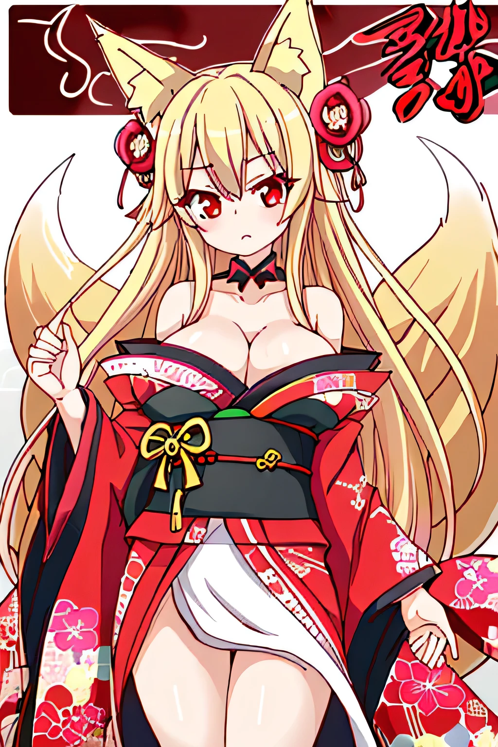 highest quality、Big Breasts、Cleavage、Fox ears、Long blonde、Red Eye、kimono