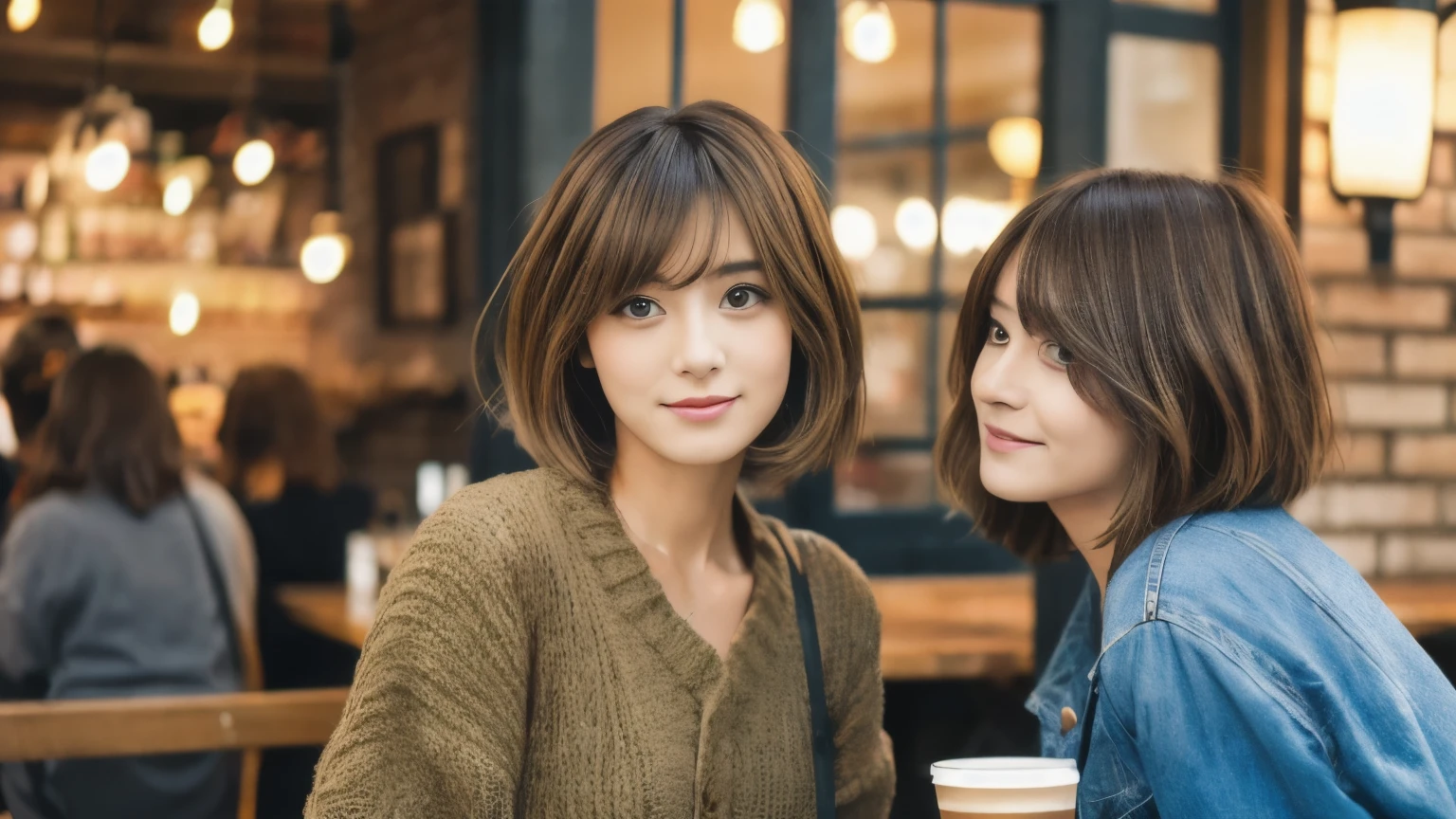 super high quality, Fashion Model, short hair, thin, (8k、RAW Photos、highest quality、masterpiece:1.2), Japanese Idols, Serious expression, Shaggy, Brown Hair, Inside a stylish cafe, Fashion magazine shooting, People having fun at the cafe々Bustling with., (Realistic、Realistic:1.37), Beautiful Face , Normal chest, Urban Cafe, A gentle gaze, Spring Clothes, Dress neatly, Neat clothes