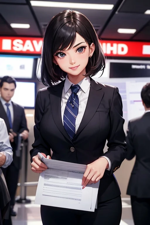 Female journalist, Fine grain, Professional attire, A confident smile, interview, Crowded press conference, Vibrant atmosphere, Newsroom in the background, Breaking News, Dynamic Lighting, Vibrant colors, News anchor, Broadcast journalism, Top quality photojournalism