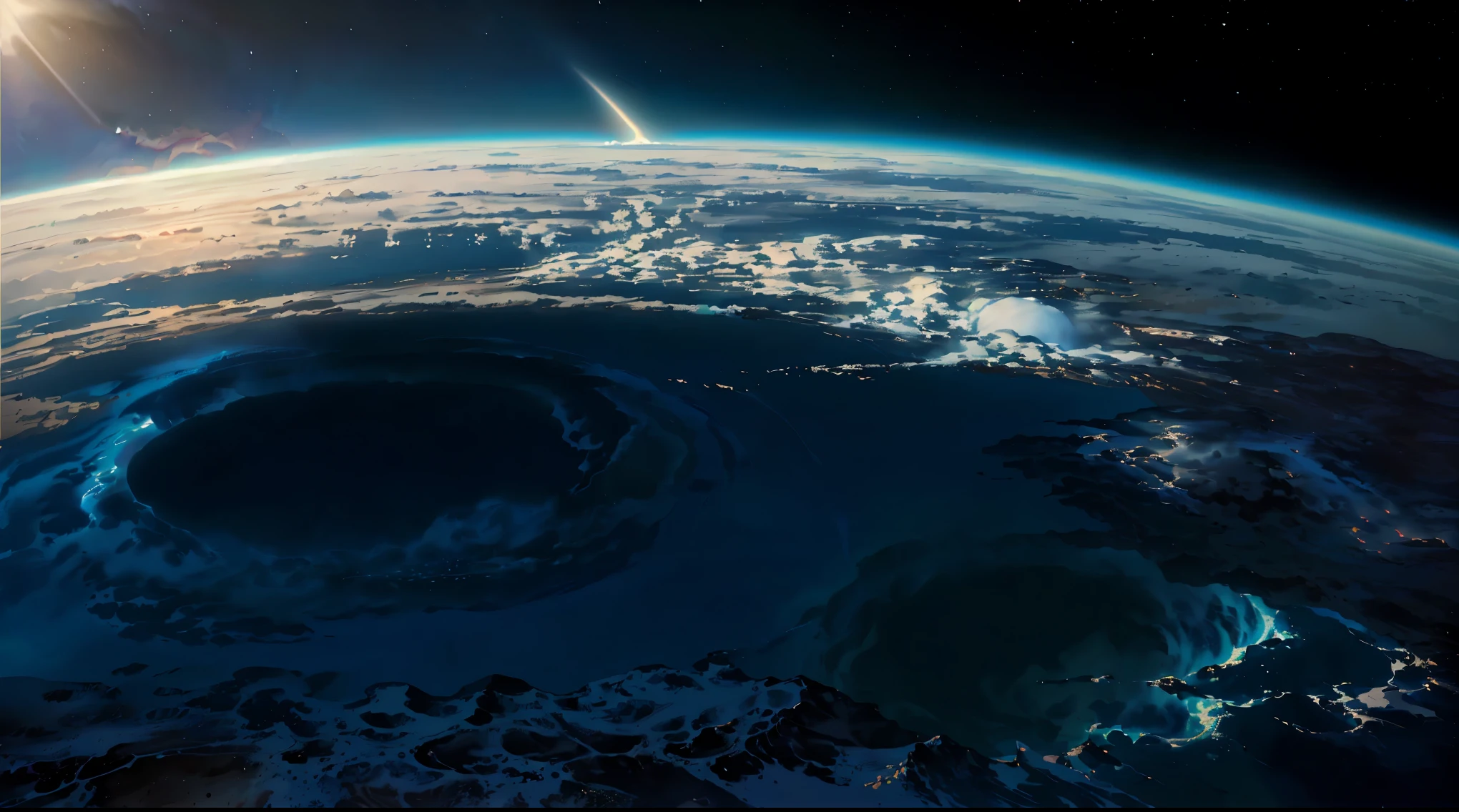 arafed view of a planet with a hole in the middle, nuclear explosion from space, looming over earth in space, looming over earth, looming over the earth, nuclear explosion on the horizon, meteors are falling from the sky, shot from space, during a meteor storm, seen from space, nuclear explosions paint sky, world ending nuke, view from the space