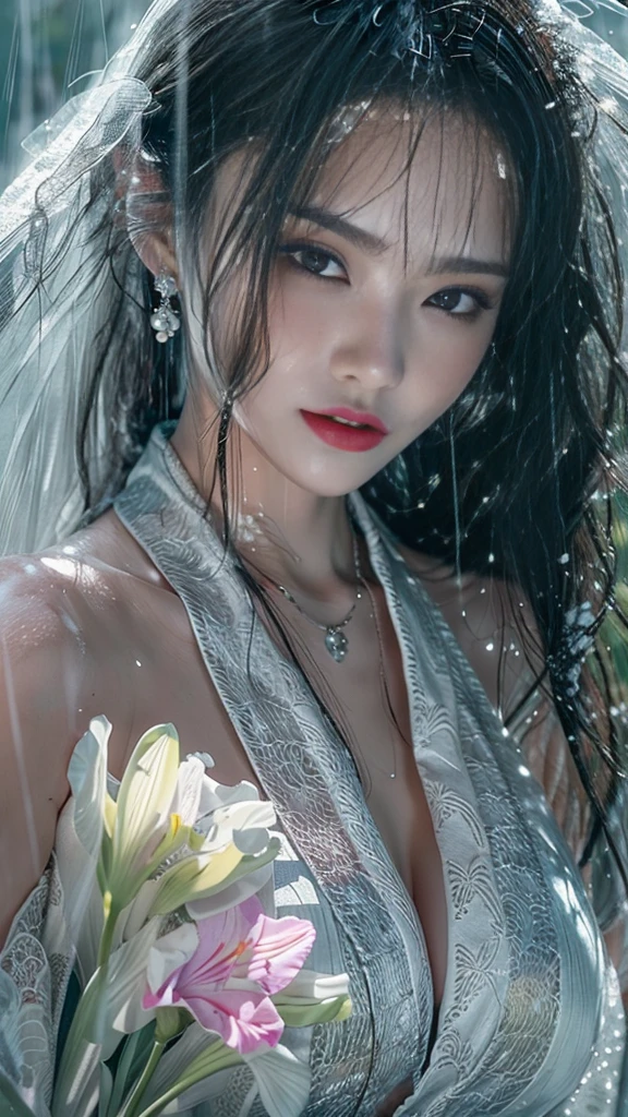 ((Realistic:1.3, 16k, highest quality, masterpiece, Ultra-high resolution), (((heavy snow, From below))), Perfect dynamic composition:1.2, (Shrine at night in a modern city, Expressions of sadness:0.9, Low angle shooting:0.9), Highly detailed skin and facial textures:1.2, Young woman getting wet in the rain, Fair skin, Sexy beauty, Incredibly slim body, beautifully、beautiful, Very beautiful face, Water droplets on the skin, (The rain drips down on my body, Wet body, Wet Hair), (Professional kimono dressing, Holding a bouquet of wet lilies, Wearing a wet silver kimono), (Shapely breasts,Chest gap), (Big eyes that exude beautiful eroticism:0.5, Lips that exude beautiful eroticism:0.5), necklace, Earrings, bracelet, wedding ring, Highly detailed and accurate hand and finger representation