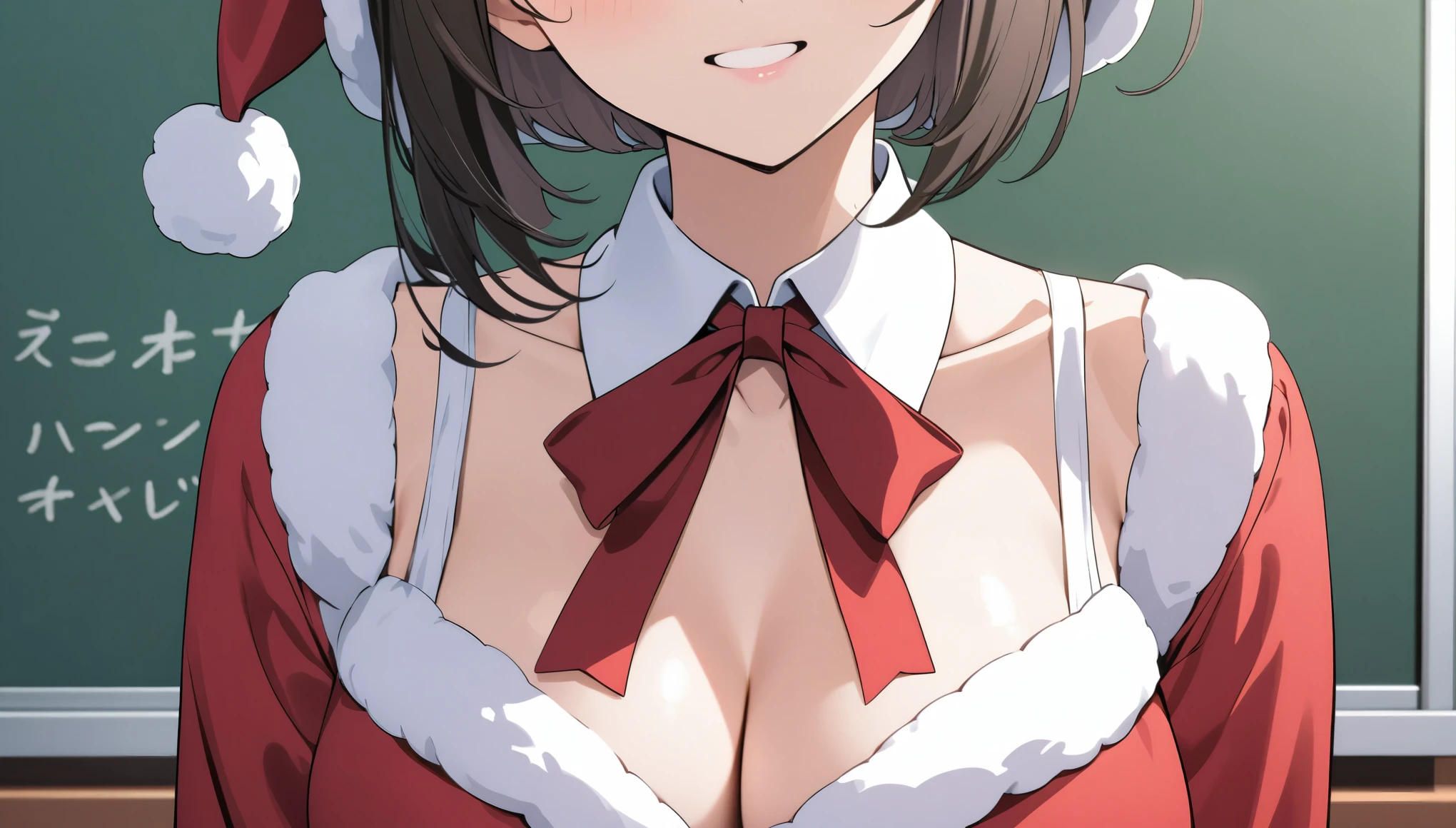 Teacher dressed as Santa、blackboard、Cleavage、Upper body close-up