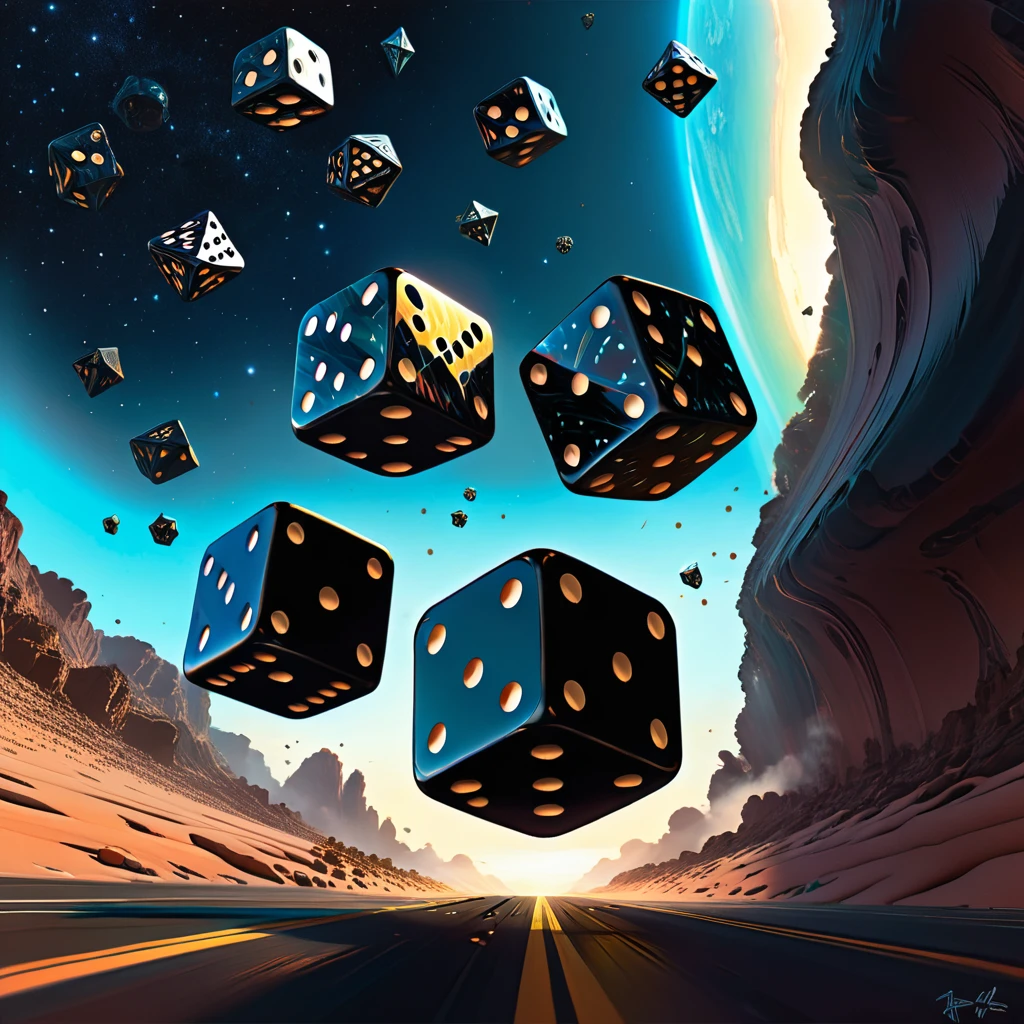 Two antique black dice are tossed over our planet in dynamic flight. Doubleexposure. Hyperrealism. Hyperdetalization. Gloominess. Dramatic. 32k., outer space, vanishing point, super highway, high speed, digital render, digital painting, beeple, noah bradley, cyril roland, ross tran, trending on artstation, ultra HD, bright colors, high detail, UHD pen and ink, perfect composition, intricate, high quality, masterpiece. best quality,, super detail