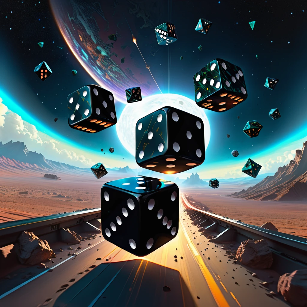 Two antique black dice are tossed over our planet in dynamic flight. Doubleexposure. Hyperrealism. Hyperdetalization. Gloominess. Dramatic. 32k., outer space, vanishing point, super highway, high speed, digital render, digital painting, beeple, noah bradley, cyril roland, ross tran, trending on artstation, ultra HD, bright colors, high detail, UHD pen and ink, perfect composition, intricate, high quality, masterpiece. best quality,, super detail