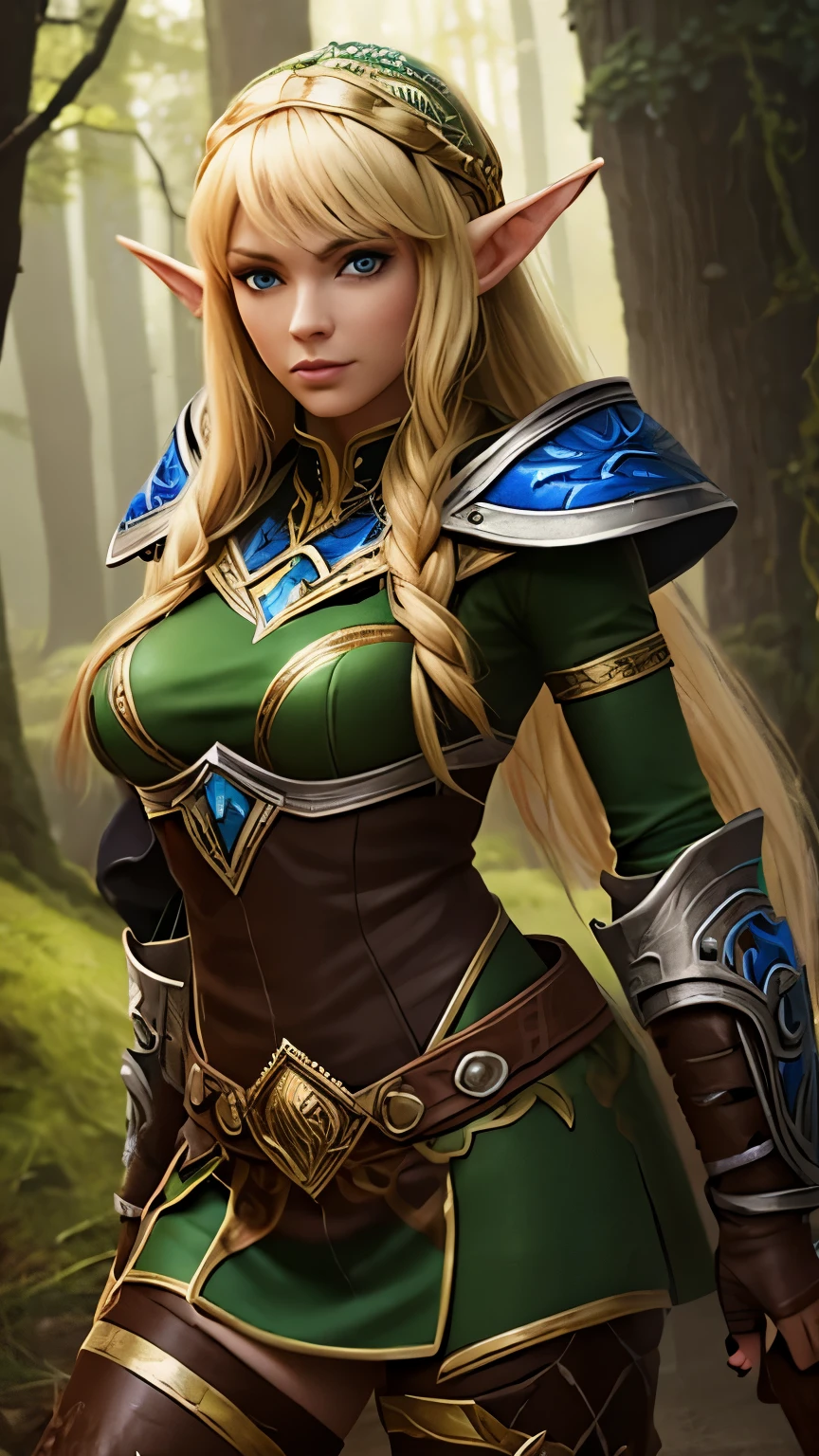 (Highly quality, highly resolutions, highly detailed, masterpiece), WoWAlleria, Forest background, Alleria Windrunner, solo, beautiful elf woman, blond hair, single braid, glowing blue eyes, leather and plate armor, leather laced pants, leather gloves boots and belts, single shoulder pad, hood, facial mark tattoo, elf ears, ring ear piercing