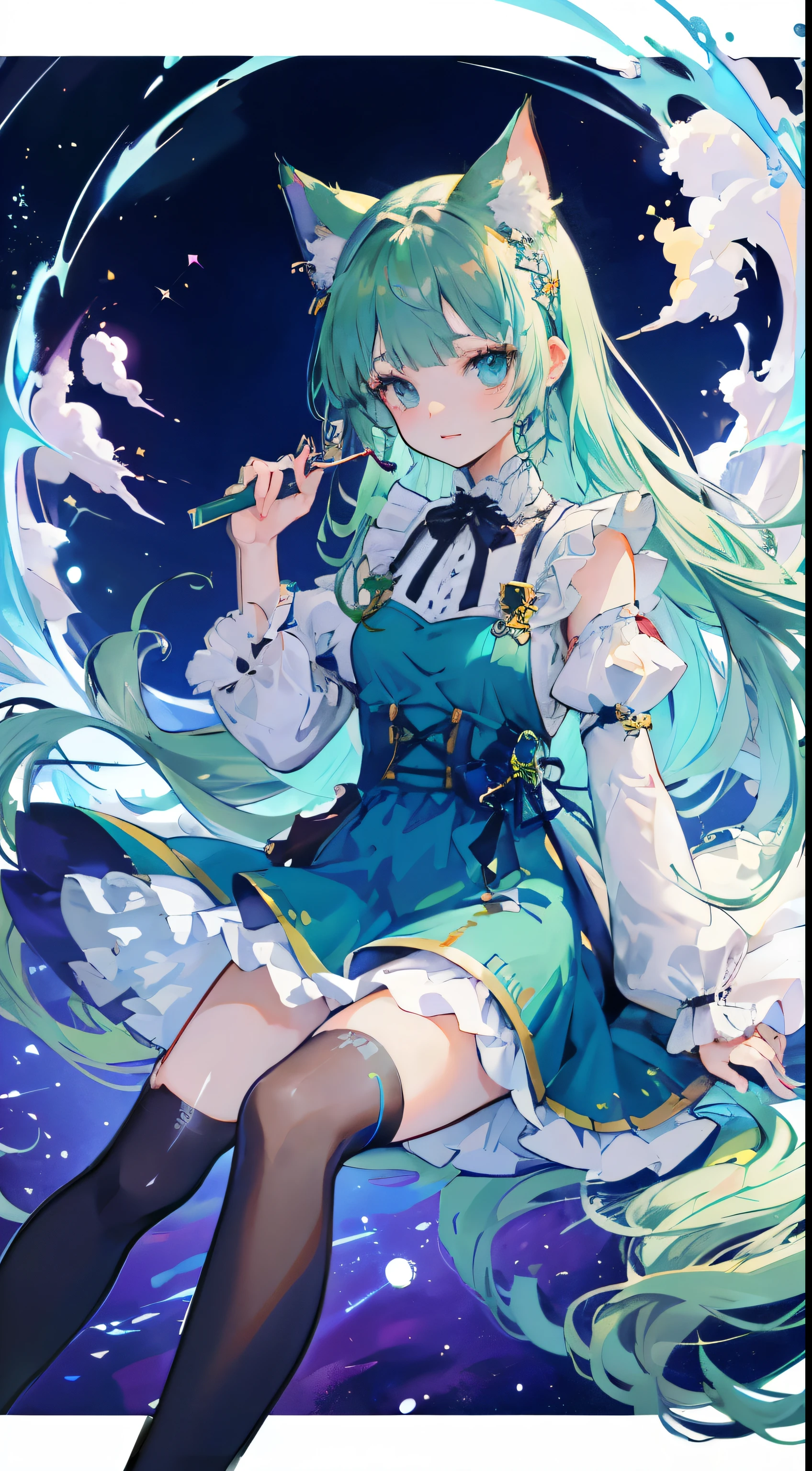((Tabletop, highest quality: 1.1), ((Anime girl in a blue dress holding a magic wand)), Art Nouveau、Anime Cat girl wearing a maid costume, , ((Green hairs))、Long-haired person、((Eyes that shine like jewels, Long eyelashes, Transparency))、Very Beautiful Anime Cat girl, anime cat girl, ((White knee-high socks)), Attractive cat girl, I'At the candy store,Inspired by Leiko Ikemura, Takano Aya color style, in ryuuou no oshigoto art style, Cat girl, Someone you admire, rei hiroe、smile