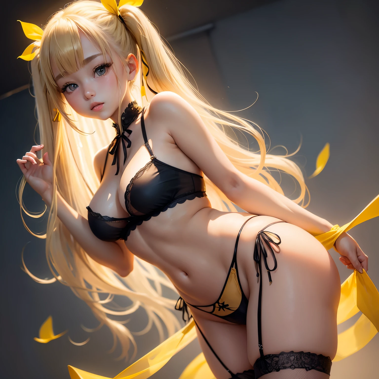 Blonde、Beautiful young woman、Twin tails、Yellow ribbon hair accessory、Realistic beautiful fingers、Black fishnet stockings、Light clothing in summer、Sheer clothing、Attractive clothes、Exposed skin、Transparent panties、Thong、Wet clothes、