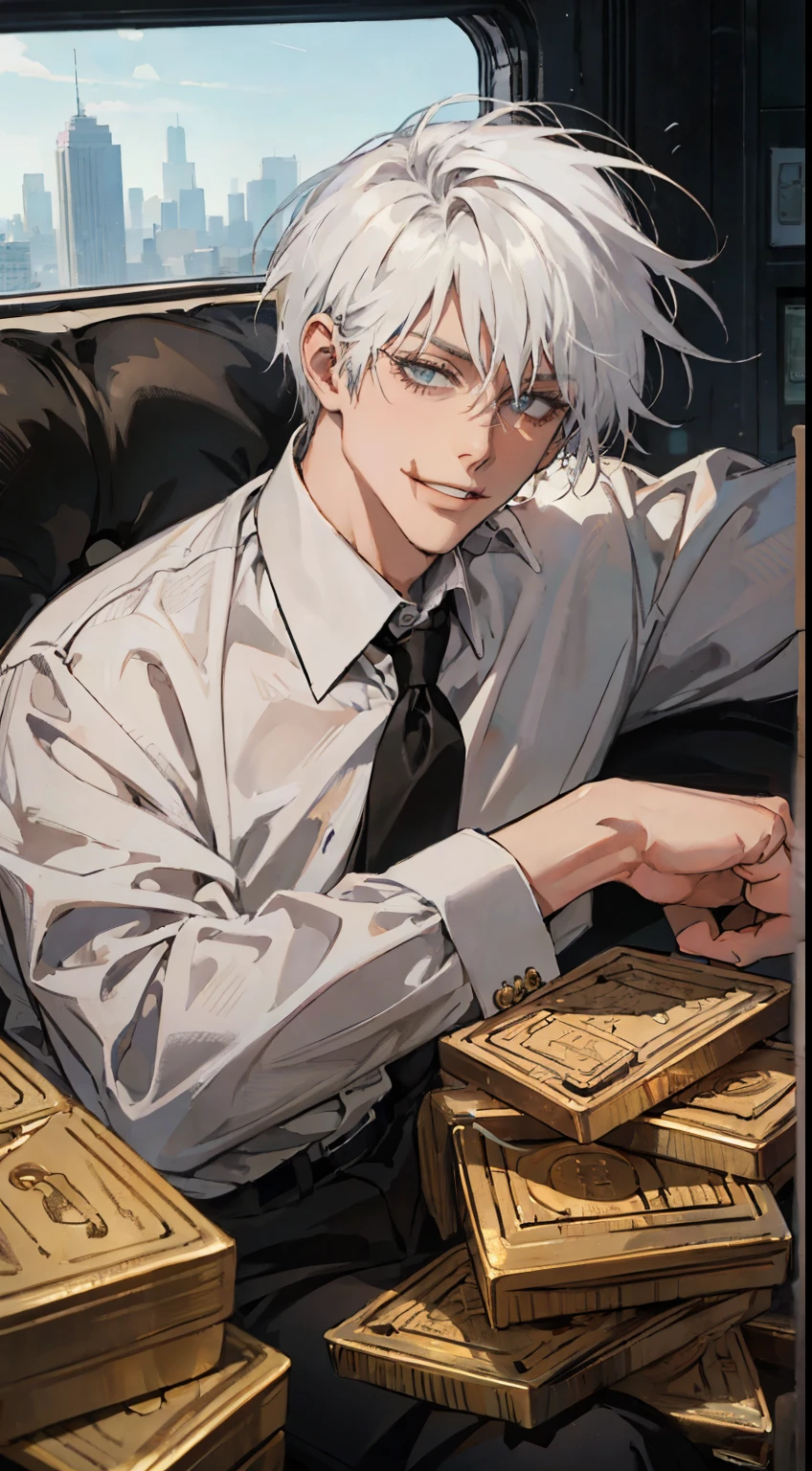 ((One man )), Gotham, 1980s,white hair, smoking,Wear an office uniform, white shirt, black pants, Lying on a pile of gold bars, smiling looking at viewer