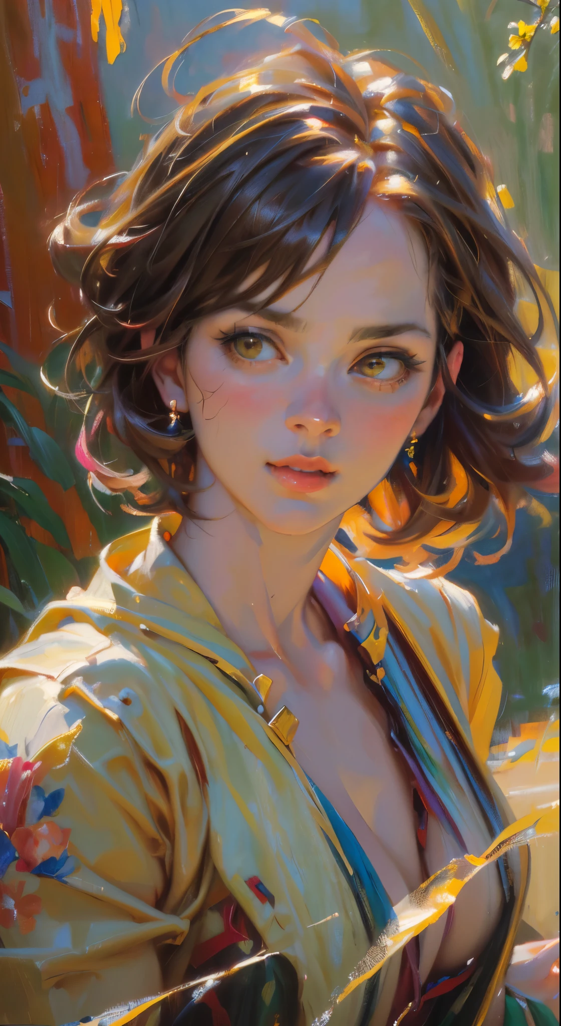 Oil painting, large brushstrokes, (best quality,4k,8k,highres,masterpiece:1.2),ultra-detailed,(realistic,photorealistic,photo-realistic:1.37),illustration, attractive woman, perfect body, feminine, cute and playful pose, vibrant, expressive, inspired by smeglejj, bright colorful brilliant