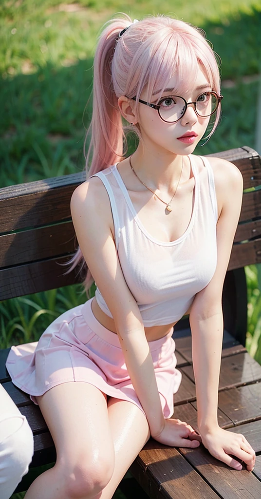 realistic, 1girl, sitting on bench, eye glasses, light pink hair, ponytailed hairstyle, silky hair, hair with bangs, skinny white shirt, sleeveless tight white shirt, cleavage revealed, micro tight skirt, shiny mini skirt, tight outfit, crouch, tight, legs, kness, white sneakers 