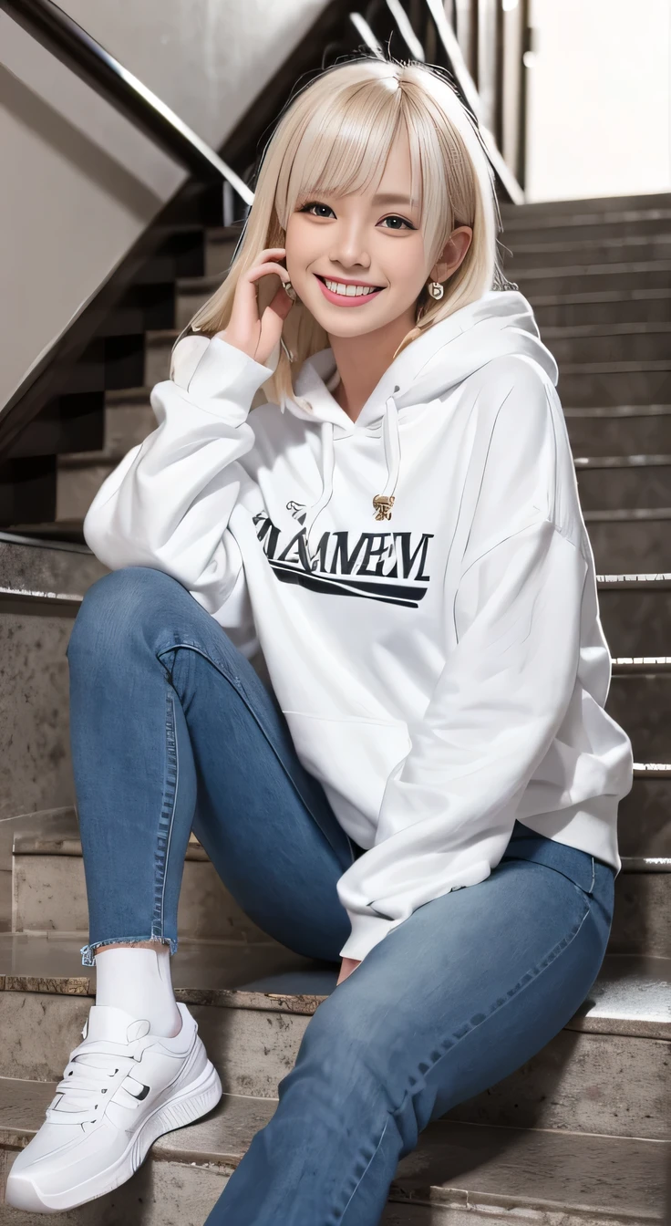 highest quality, Realistic, Very detailed, The finer details, High resolution, 8k wallpaper, One beautiful woman,Sit on the stairs、 Oversized hoodie, Skinny jeans, White sneakers,Putting on socks、Platinum Blonde Hair, hairstyle semi long、Beautiful Bangs、Ear piercing、smile、Beautiful teeth alignment、Perfect dynamic composition, Beautiful and detailed, Full Body Shot, A big smile