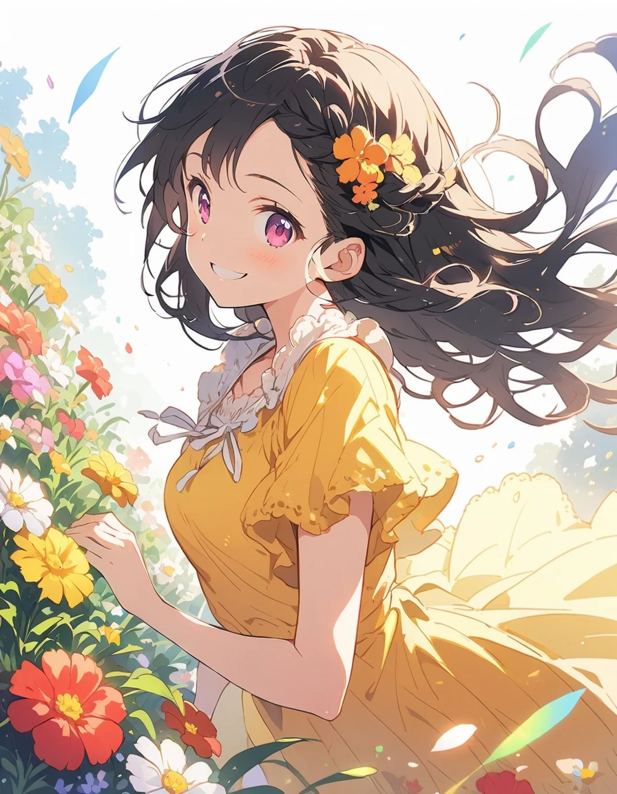 highest quality,, One girl, woman,(Smiling), Mid-chest, (bright), (western style garden), Warm spring sunshine、Braided bangs, (blouse:1.5), (I wore:0.8), nice, bloom, Floating Hair, (Dynamic pose:0.6) , Soft lighting, Flower Garden、(highest quality、masterpiece、High resolution、detailed)、animeスタイル、Flat Style、(Shine目、detailed美しい顔), BREAK,1 girl、floating, (High saturation), (Shine), extremely detailed、Dynamic Angle、anime