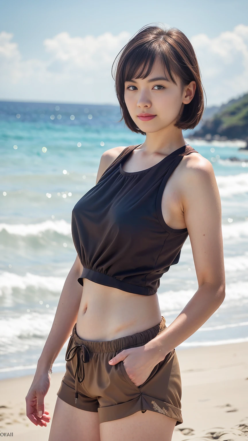 (NSFW),Beautiful girl wearing one-shoulder top, Zola々Stylish, Short Hairstyles. (highest quality, Realistic:1.37), Very detailed, (Portraiture:1.1), Bright colors, Soft lighting, Bokeh、return、look return、the wind is strong、mini skirt、Thighs、belly button、White high leg panties、View from below、