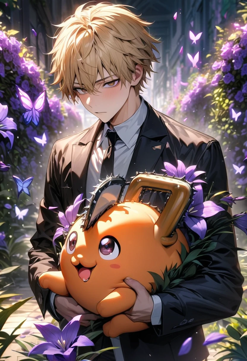 absurdres, highres, ultra detailed, HDR, master piece, best quality, Denji, blond hair, expressive brown eyes, black jacket, white shirt, Chainsaw Man, carrying Pochita, solo, man, handsome, purple shining butterflies, purple lilies, purple petals, garden