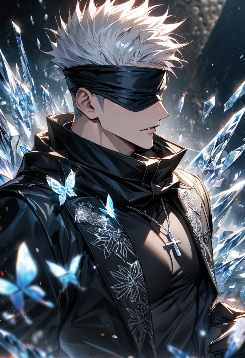 Ultra detailed, Highres, HDR, absurdres, master piece, Gojou Satoru, white hair, blindfolded eyes, black scarf, black leather long coat with patterns, black tight shirt, sexy man, extremely handsome, solo, extremely detailed face, Jujutsu Kaisen, cross silver necklace, black gloves, glittering ice, ice glittering butterflies, ice flowers,