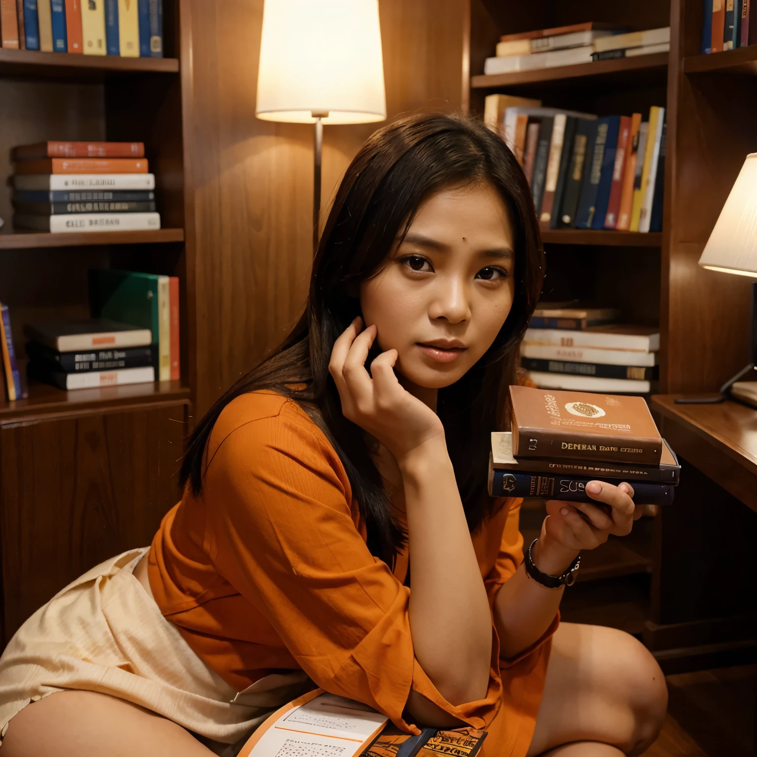 1 orang pria daan 1 orang wanita sedang membaca buku di perpustakaan