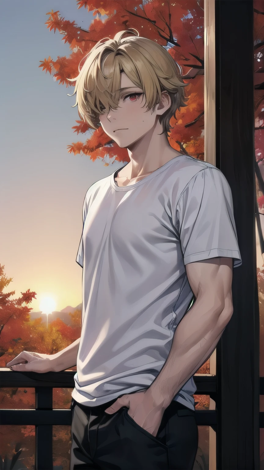 (masterpiece), best quality, hair over one eye, perfect face, mature male, (1boy, man), solo, blond hair, messy hair, muscle growth, short sleeves, white shirt BREAK black pants BREAK standing, red eyes BREAK autumn leaves, autumn forest, sunset sky, :/, outdoors