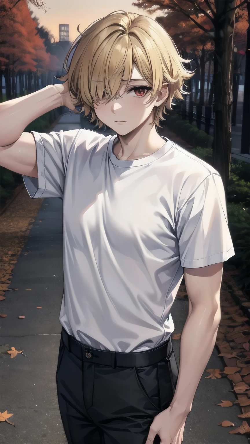 12 year old boy（Relaxed、sun beam、Kind），Short blonde hair，Light brown eyes，White T-shirt，Run in the rain，tmasterpiece，hightquality