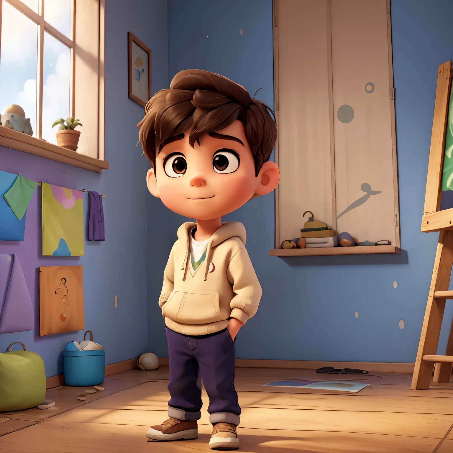 A young boy with oversized and bulky clothes, leaning leisurely against the colorful wall of a painted building, fixated on an image before him. His wide, curious eyes reflect a childlike fascination. The vibrant hues of the mural cast an alluring glow on his round face, while the soft rain patters gently on the ground around him. The stillness of the scene is broken only by the occasional gusts of wind that dance the curtains of a nearby window. The boy's distracted expression speaks volumes about the captivating power of the cartoonish image that holds his gaze, transporting him to a world of endless possibilities.
