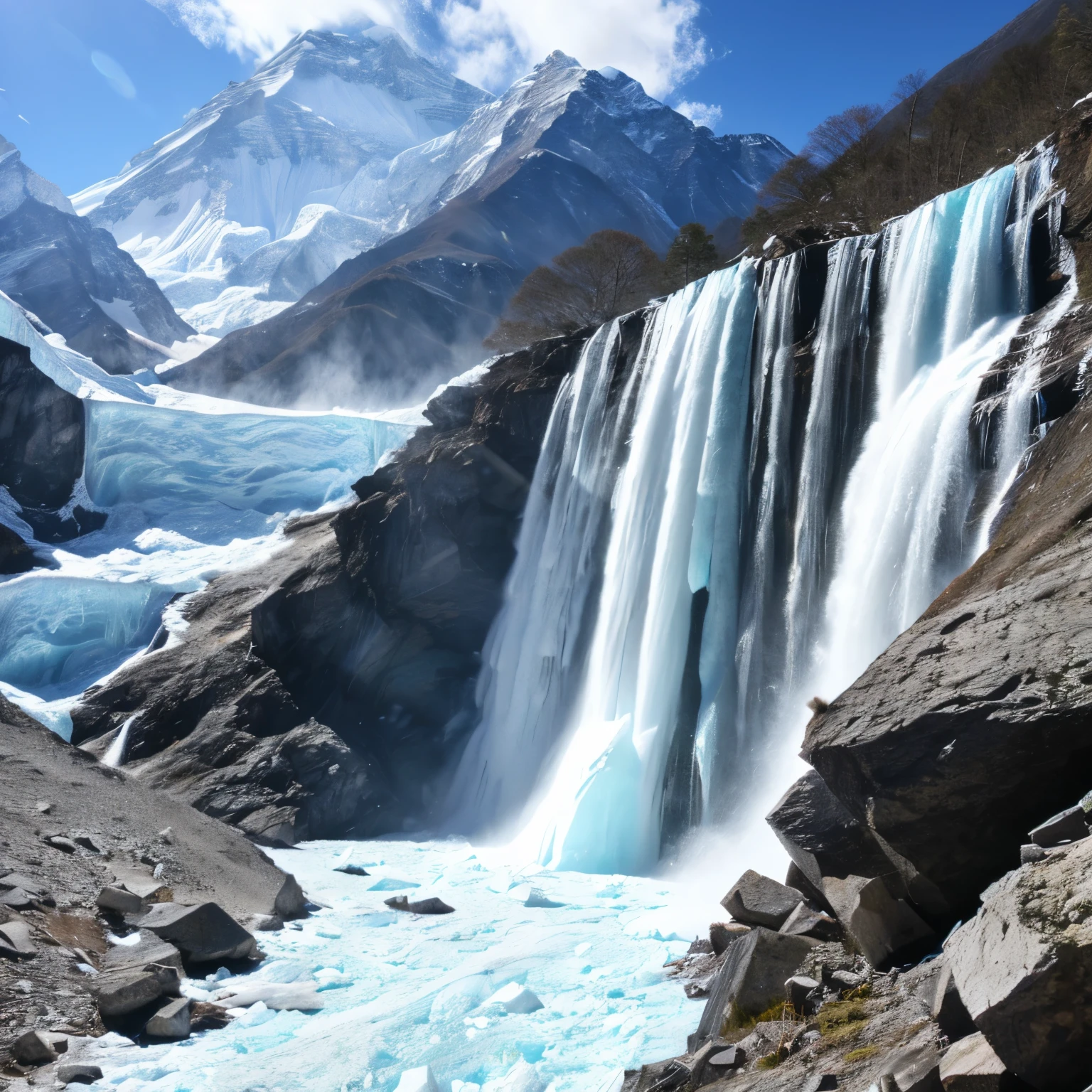 Everest tributaries、A huge waterfall completely frozen、Ice looming before our eyes、、Close-up image。
