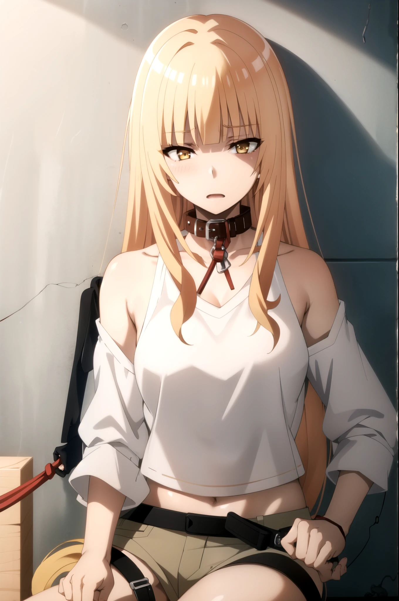 ((collar,leash,tied up,bondage,scared expression)),1Girl, solo,yellow eyes, blonde hair,,shorts,top-tank
