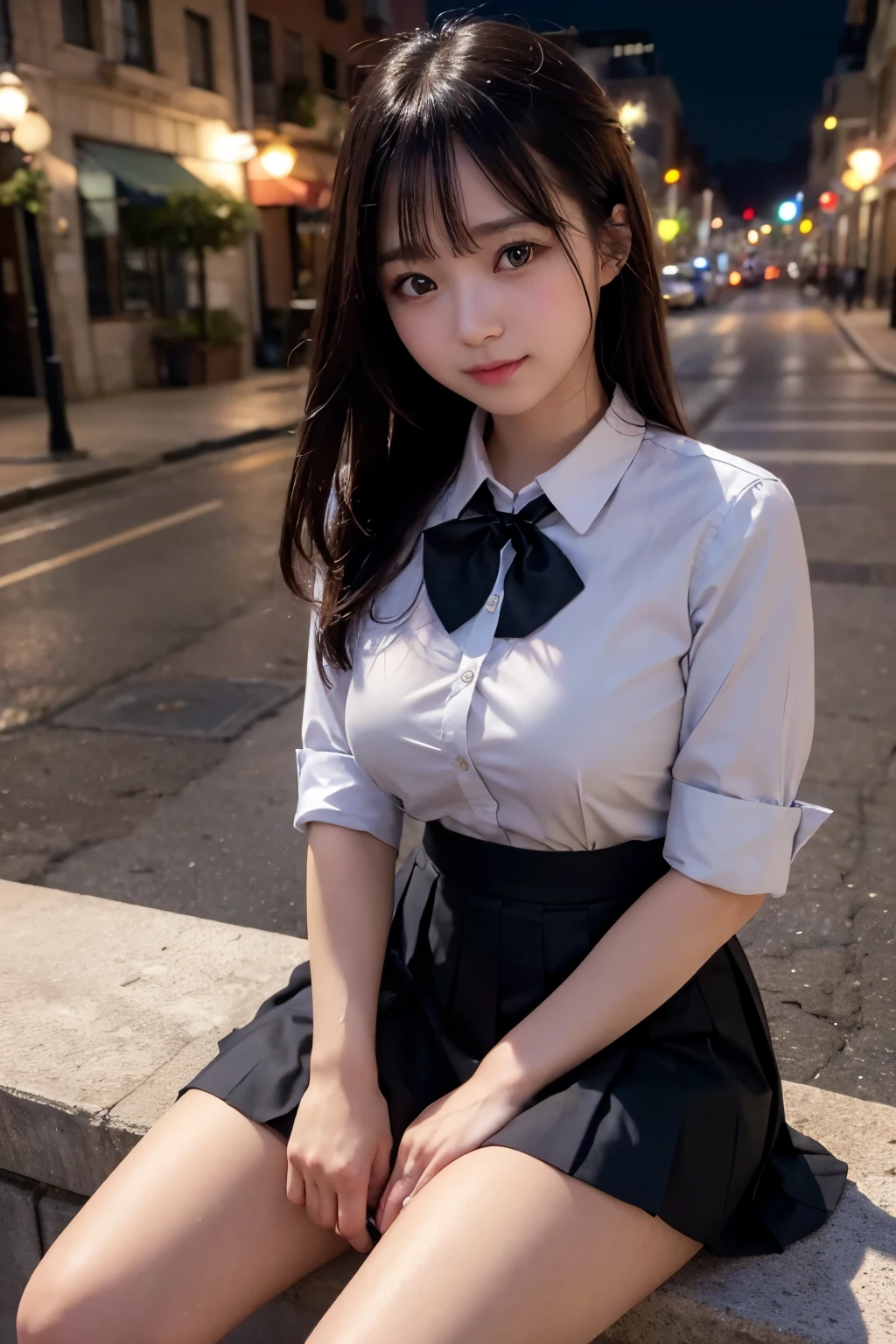 There is a woman who is on the street with a bag, Ulzzang, (8k, RAW photo, best quality, masterpiece: 1.2), (realistic, photo-realistic: 1.37), ultra-detailed, 1 girl, beautiful, solo, beautiful detailed sky, detailed coffee, night, sitting, dating, (flushed nose), (smile: 1.1), (closed mouth), medium breasts, beautiful detailed eyes, (collared shirt: 1.1), bow tie, pleated skirt, sneezing,