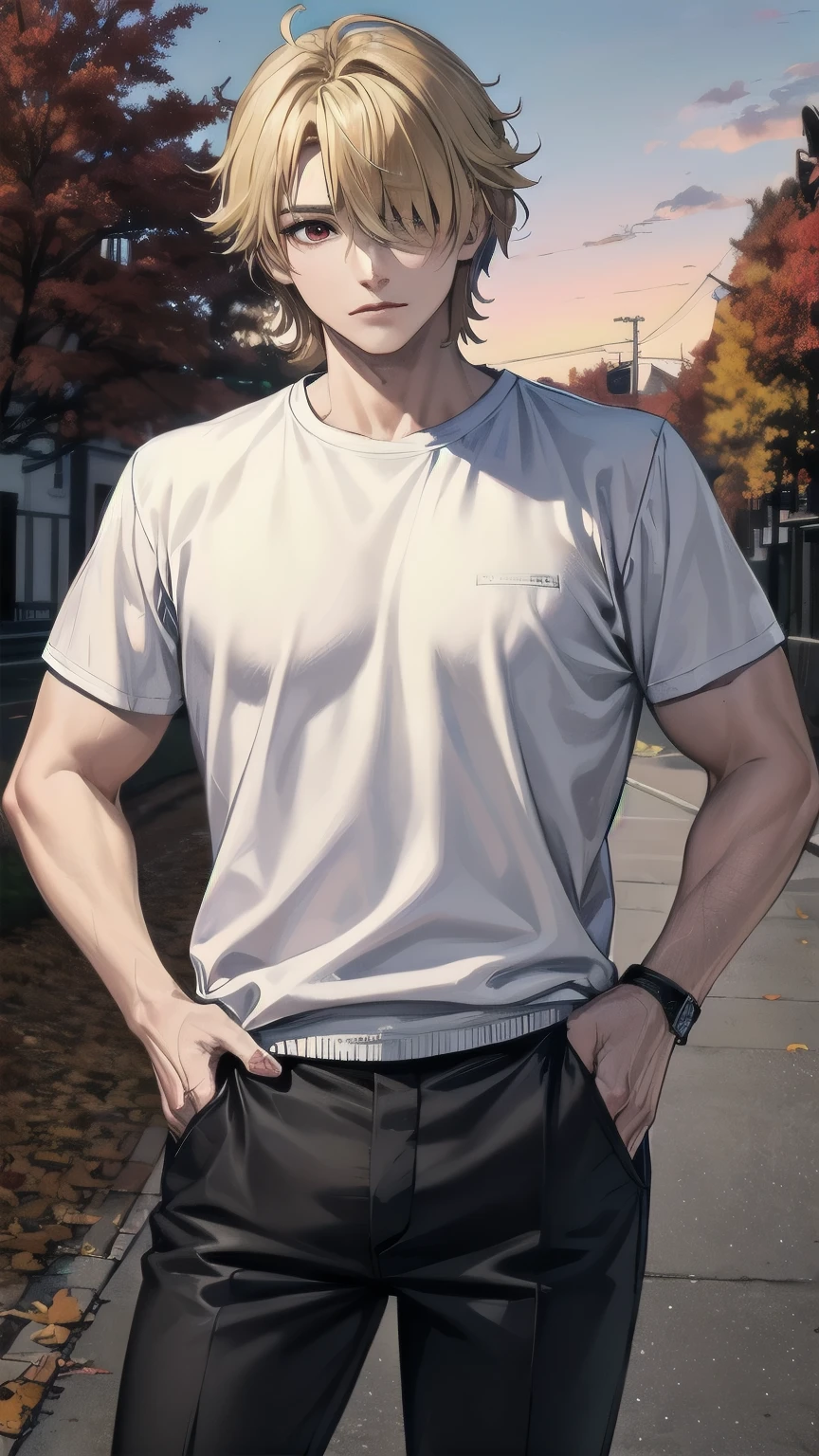(masterpiece), best quality, hair over one eye, perfect face, mature male, (1boy, man), solo, blond hair, messy hair, muscle growth, short sleeves, white shirt BREAK black pants BREAK standing, red eyes BREAK autumn leaves, autumn forest, sunset sky, :/, outdoors 