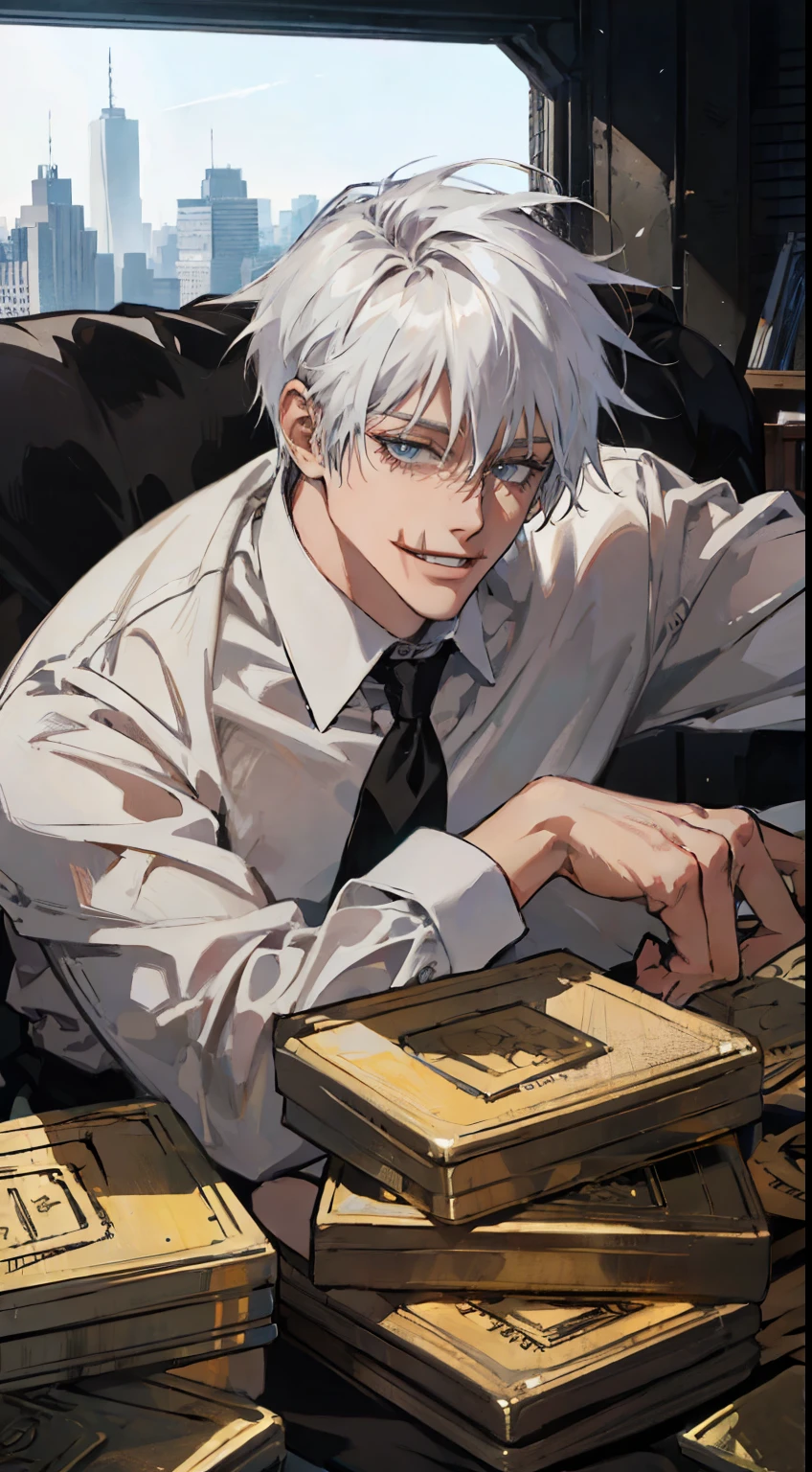 ((One man )), Gotham, 1980s,white hair, smoking,Wear an office uniform, white shirt, black pants, Lying on a pile of gold bars, smiling looking at viewer