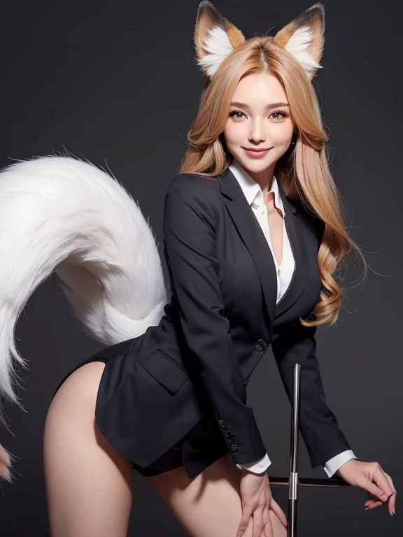 ((highest quality, 32k)), ((masterpiece)), (Get used to it), Perfect Face, Fox Girl, Beautiful woman, public, There is a tail, she has a fox tail, She wags her fluffy tail, smile, collar, She wears a business suit, Beautiful hip line, A tail sticking out from a business suit, Big Breasts